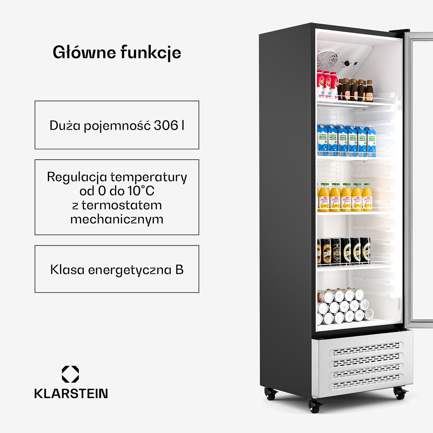 GrandCooler lodówka na napoje, 306 l, oświetlenie LED, kółka, 4 półki 306 litrów | Stal nierdzewna