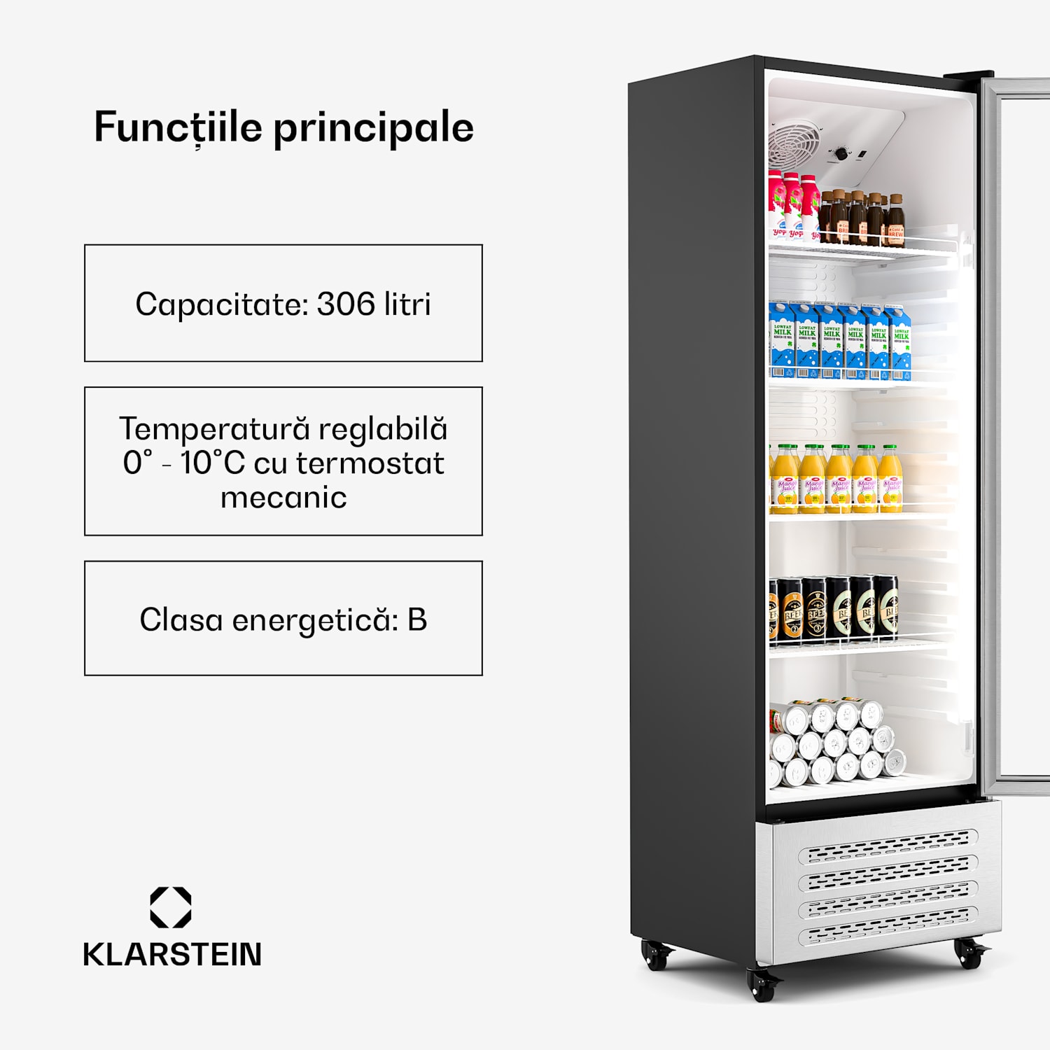 Frigider pentru băuturi GrandCooler, 306 l, iluminare LED, cu roți, 4 rafturi 306 litri | Oțel inoxidabil