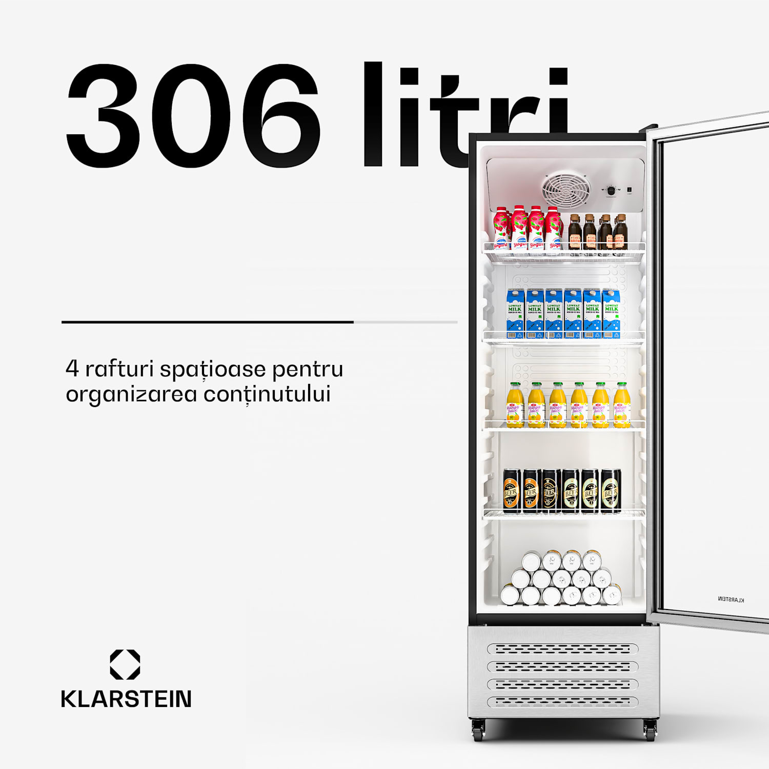 Frigider pentru băuturi GrandCooler, 306 l, iluminare LED, cu roți, 4 rafturi 306 litri | Oțel inoxidabil