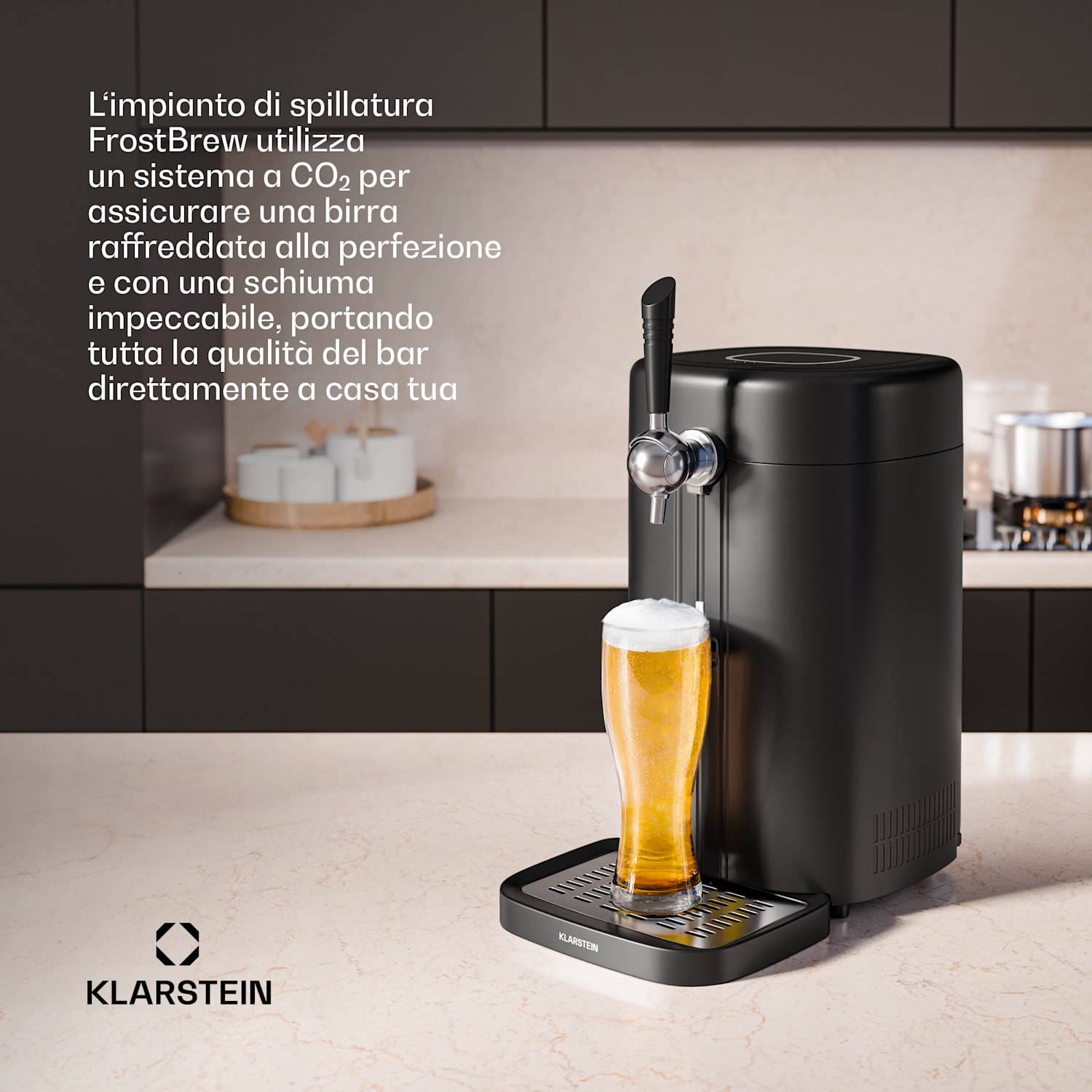 FrostBrew - Impianto di spillatura per la birra | Sistema di pressurizzazione a CO2 | Raffreddamento termico | 3-12 °C | Indicazione LED della temperatura Nero / Argento metallizzato