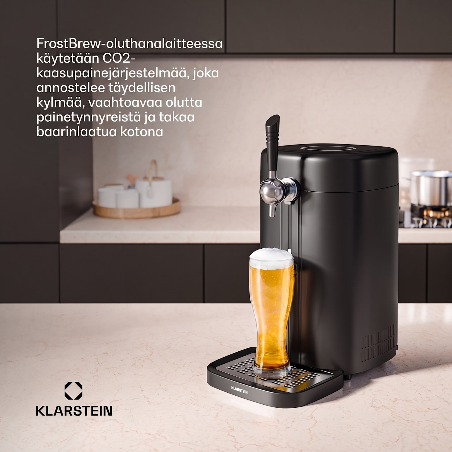 FrostBrew-oluthana | CO2-painejärjestelmä | lämpöjäähdytys | 3–12 °C | LED-lämpötilanäyttö Musta / Antiikki Kulta Metallinen