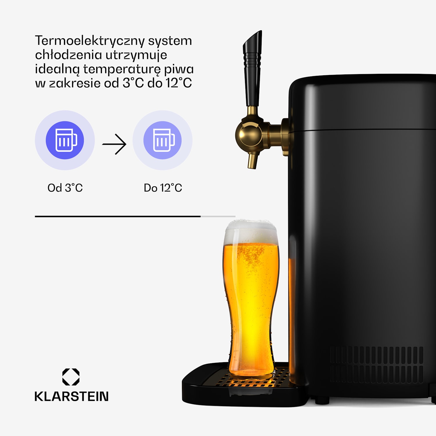 FrostBrew nalewak do piwa, system ciśnieniowy CO2, chłodzenie termoelektryczne, 3–12°C, wyświetlacz LED Czarne / Antyczne Złoto Metaliczne