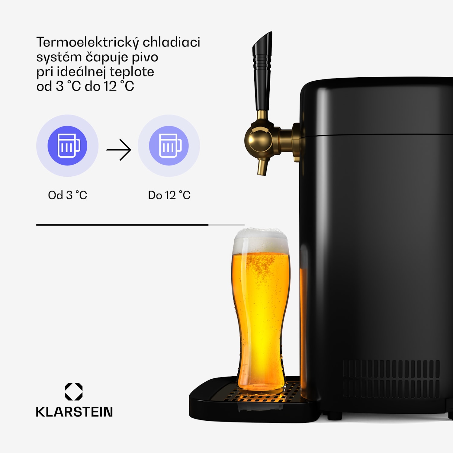 FrostBrew pivný výčap, Tlakový systém CO2, Termo chladenie, 3-12 °C, LED displej teploty Čierna / Starožitná zlatá metalíza