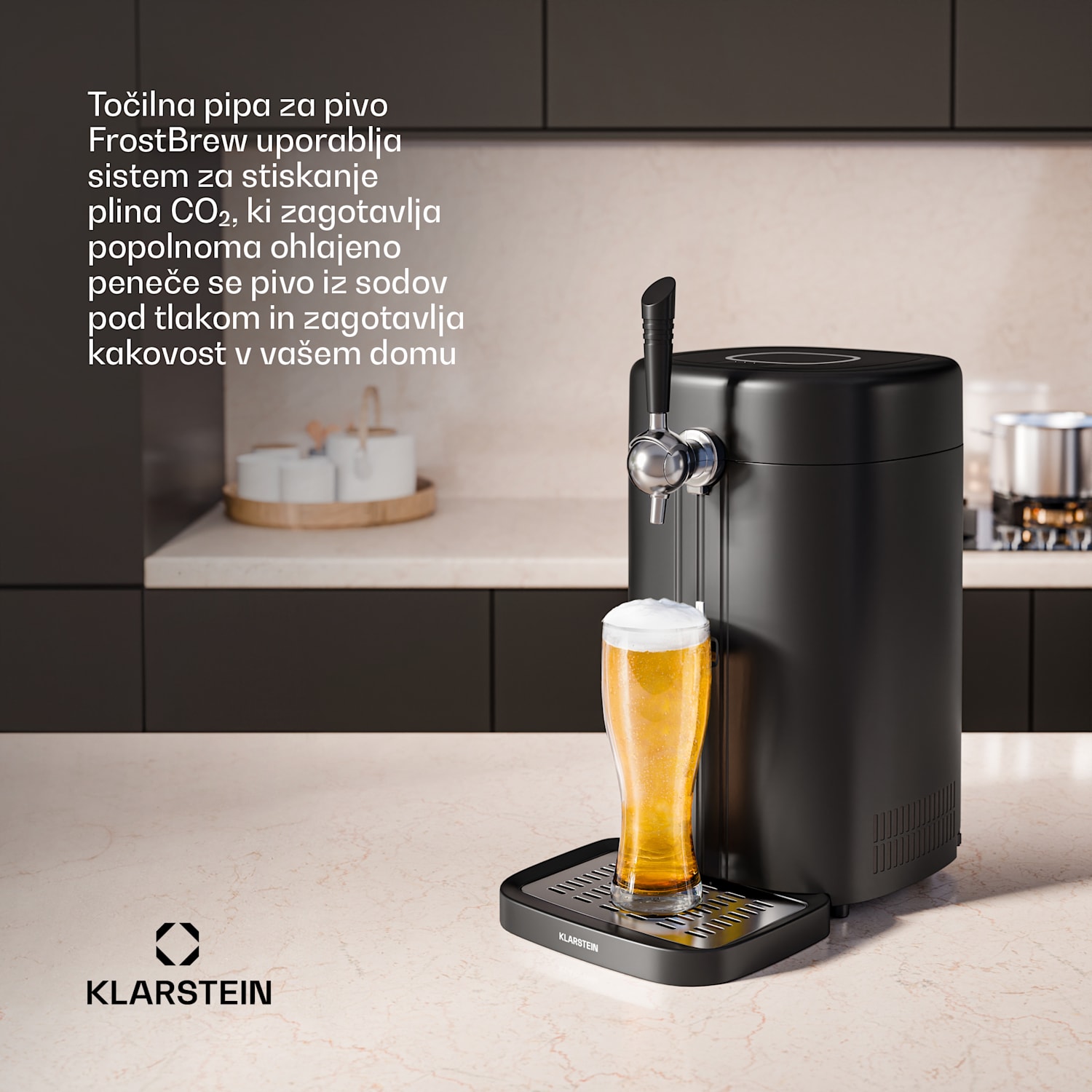 FrostBrew pivný výčap, Tlakový systém CO2, Termo chladenie, 3-12 °C, LED displej teploty Črna / Starodobna kovinska metalna