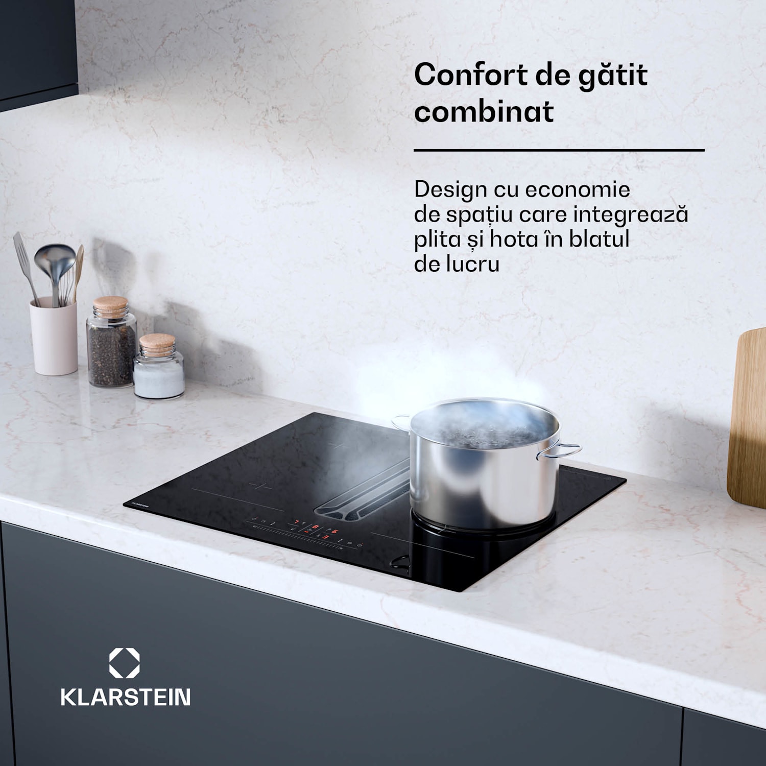 Sistem hibrid de aer jos AirJet, Plită cu inducție cu hotă integrată, 477 m³/h, EEK A+ 60 cm | AirJetBasicHybrid | Negru