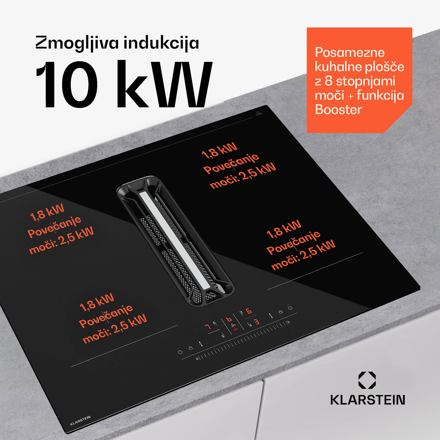 AirJet Hybrid Down Air System, Indukcijska kuhalna plošča z vgrajeno napo, 477 m³/h, EEK A+ 60 cm | AirJetBasicHybrid | Črna