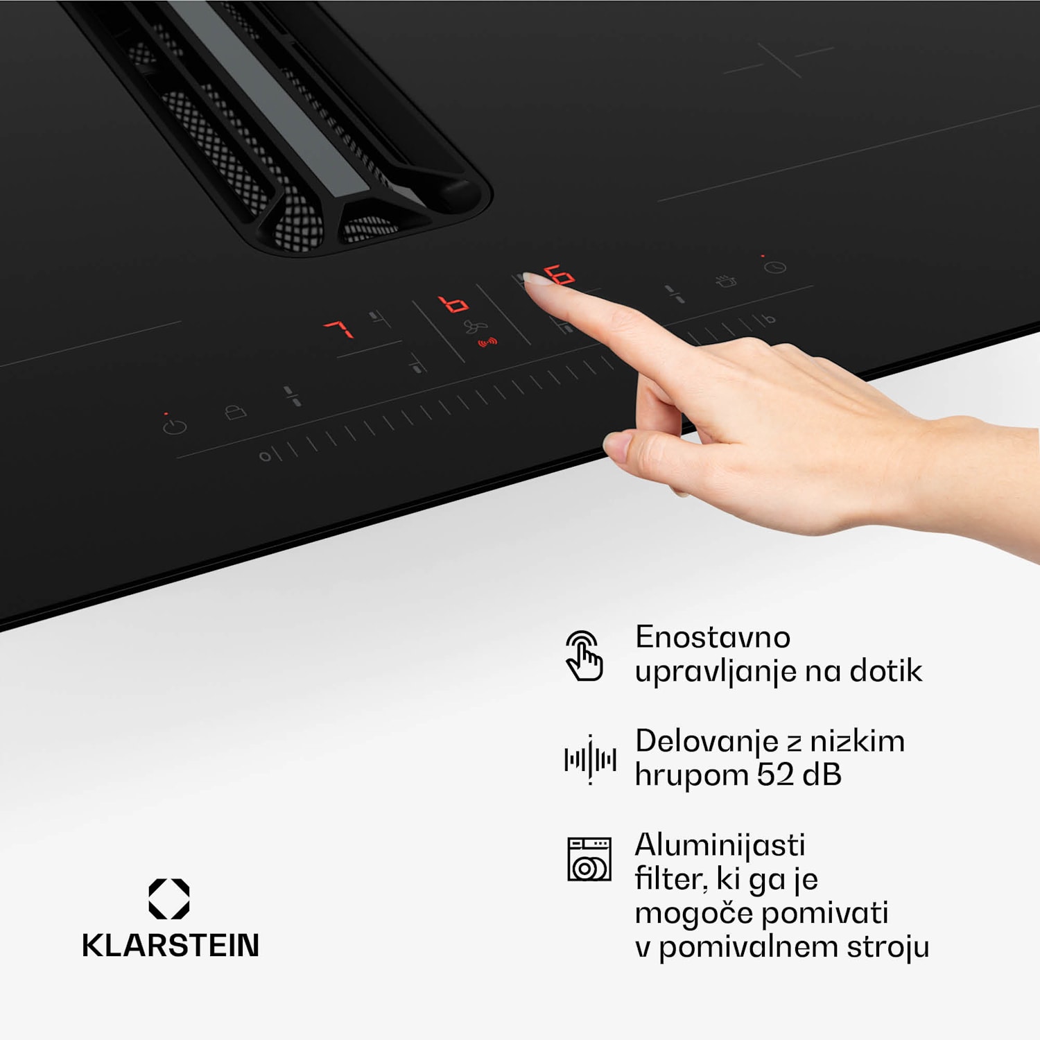 AirJet Hybrid Down Air System, Indukcijska kuhalna plošča z vgrajeno napo, 477 m³/h, EEK A+ 60 cm | AirJetBasicHybrid | Črna