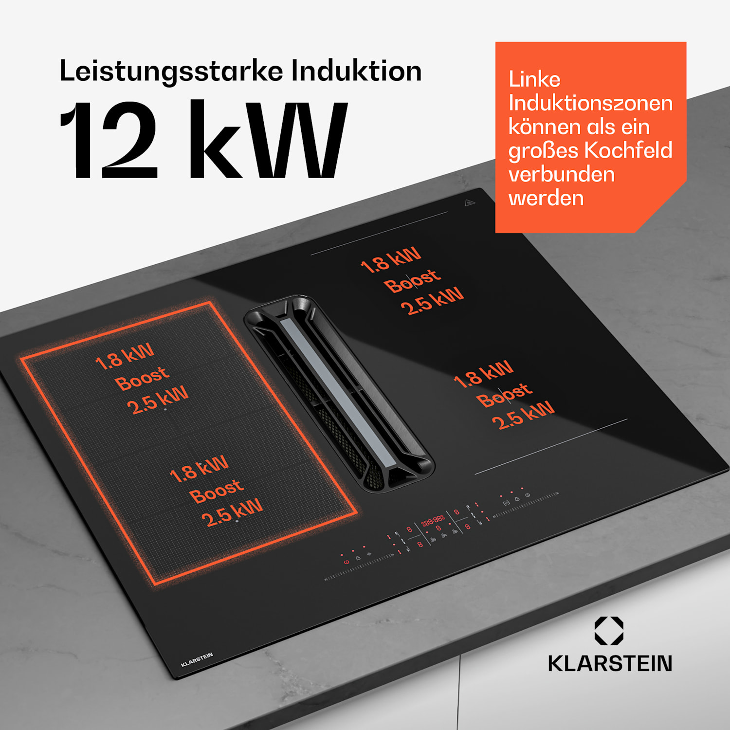 AirJet Hybrid Down Air System | Induktionskochfeld mit integriertem Abzug | 477 m³/h | EEK A+ 60 cm | AirJetHybrid | Schwarz