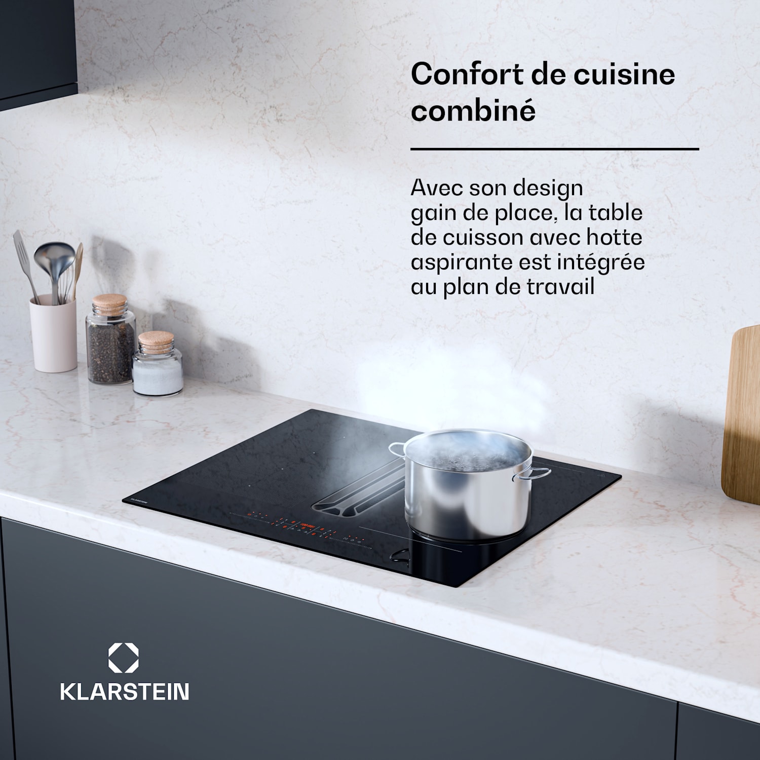 AirJet Hybrid Down Air System | Inductiekookplaat met geïntegreerde afzuigkap | 477 m³/h | EEK A+ 60 cm | AirJetHybrid | Zwart