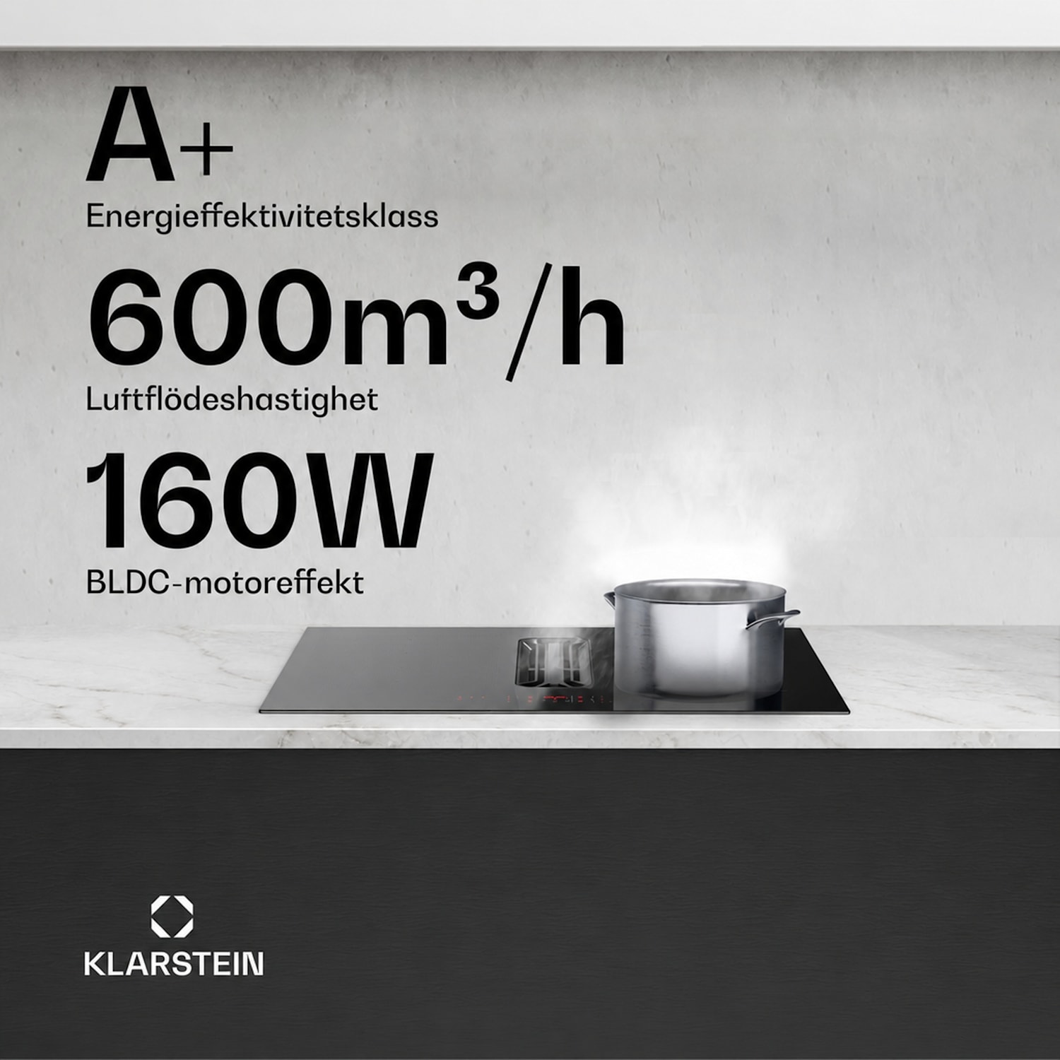 AirJet Hybrid Down Air System | induktionshäll med inbyggd fläkt | 445 m³/h | EEK A+ 60 cm | AirJetHybrid | Svart