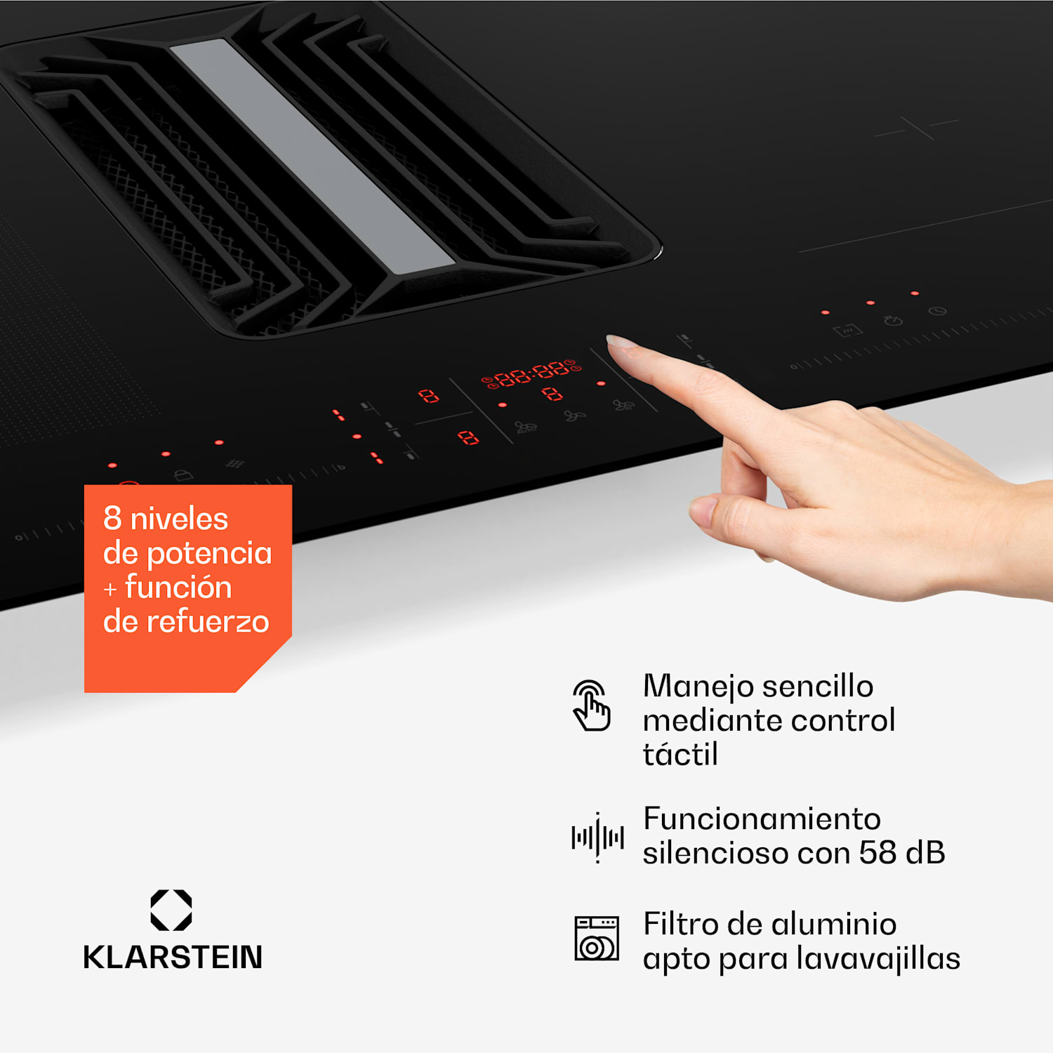 AirJet Hybrid Sistema Down Air | Placa de inducción con extractor integrado | 600 m³/h | CEE A+ 83 cm | AirJetHybrid | Negro