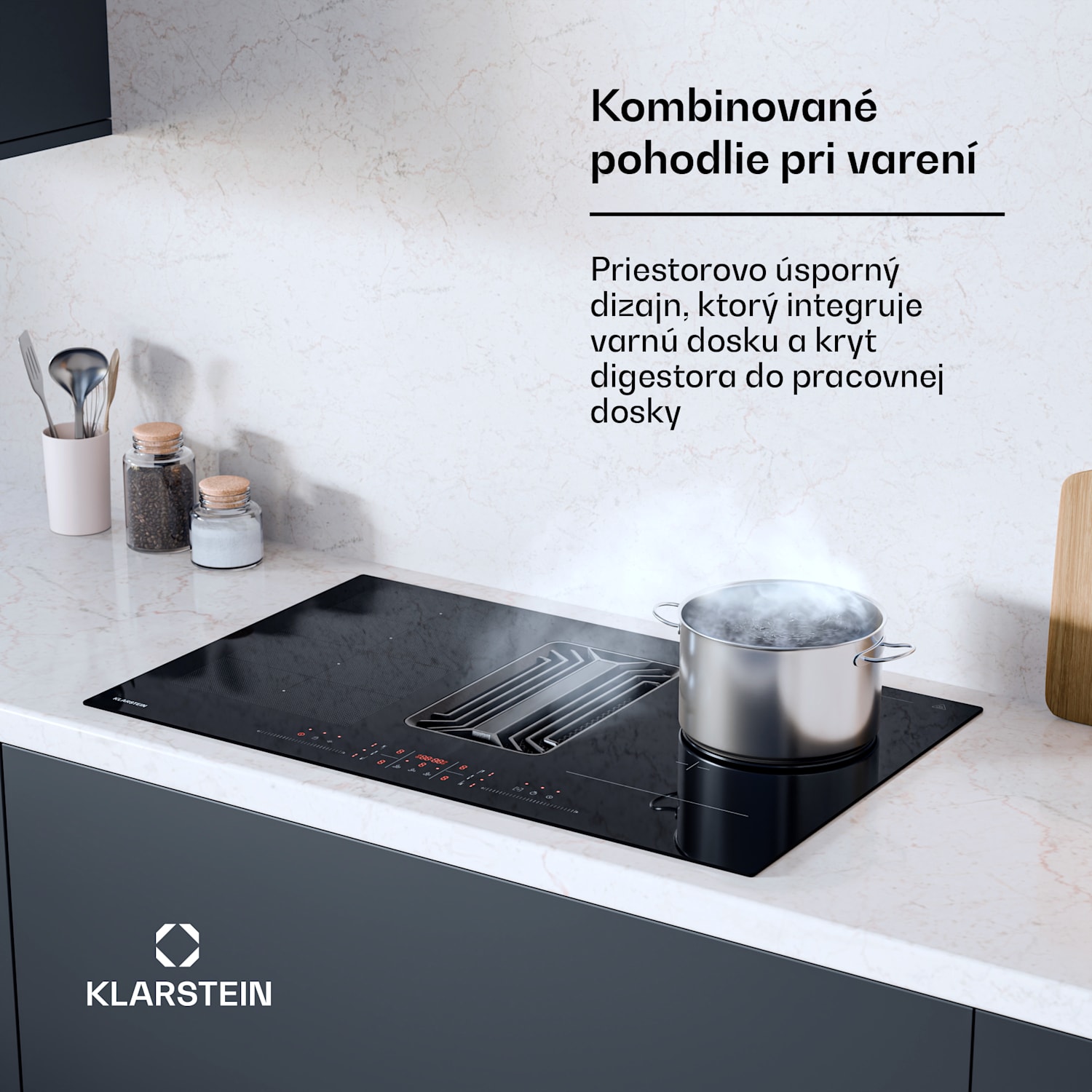 AirJet Hybrid Down Air System, Indukčná varná doska s integrovaným digestorom, 600 m³/h, EEK A+ 83 cm | AirJetHybrid | Čierna