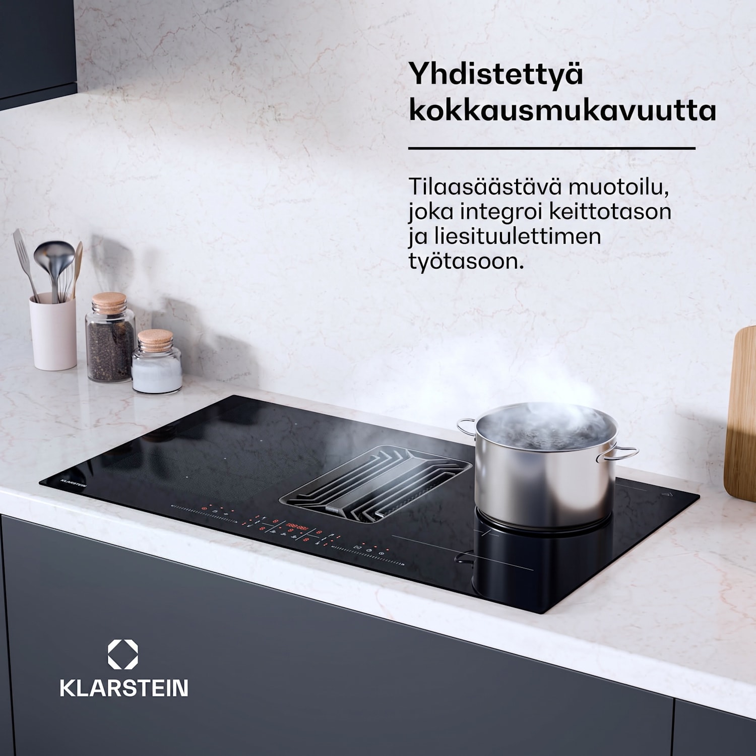 AirJet Hybrid Down Air System | induktioliesitaso integroidulla liesituulettimella | 745 m³/h | energialuokka A++ 90 cm | AirJetHybrid | Musta