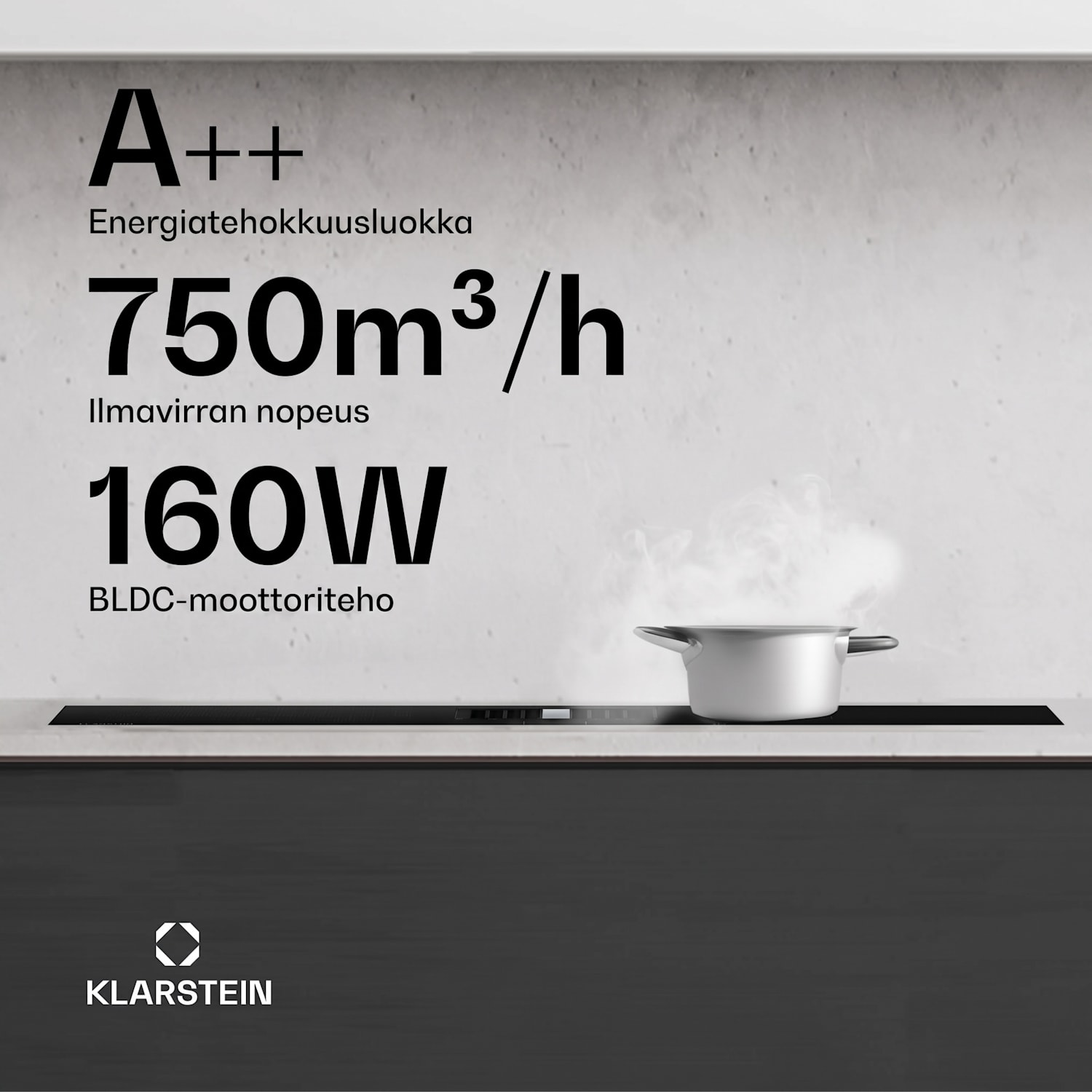 AirJet Hybrid Down Air System | induktioliesitaso integroidulla liesituulettimella | 745 m³/h | energialuokka A++ 90 cm | AirJetHybrid | Musta