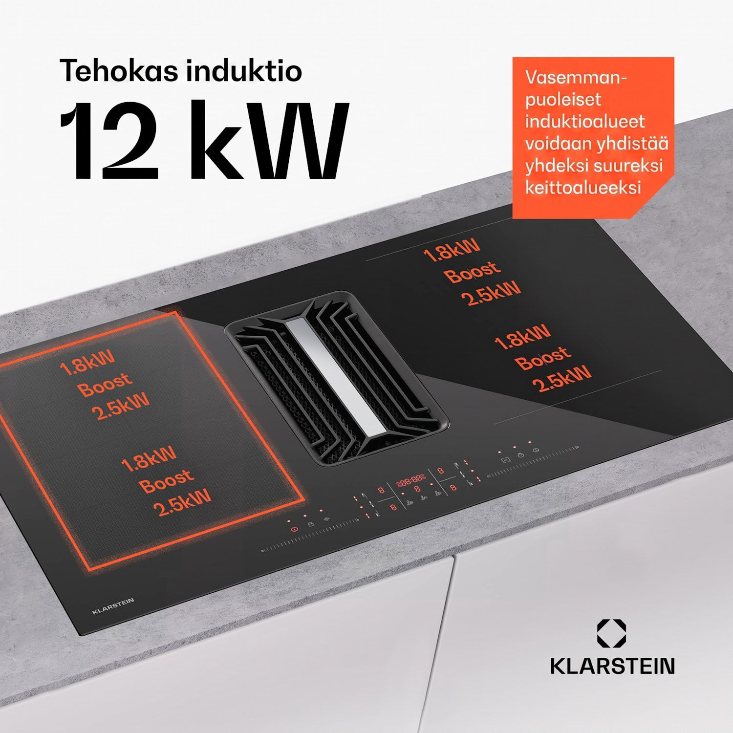 AirJet Hybrid Down Air System | induktioliesitaso integroidulla liesituulettimella | 745 m³/h | energialuokka A++ 90 cm | AirJetHybrid | Musta