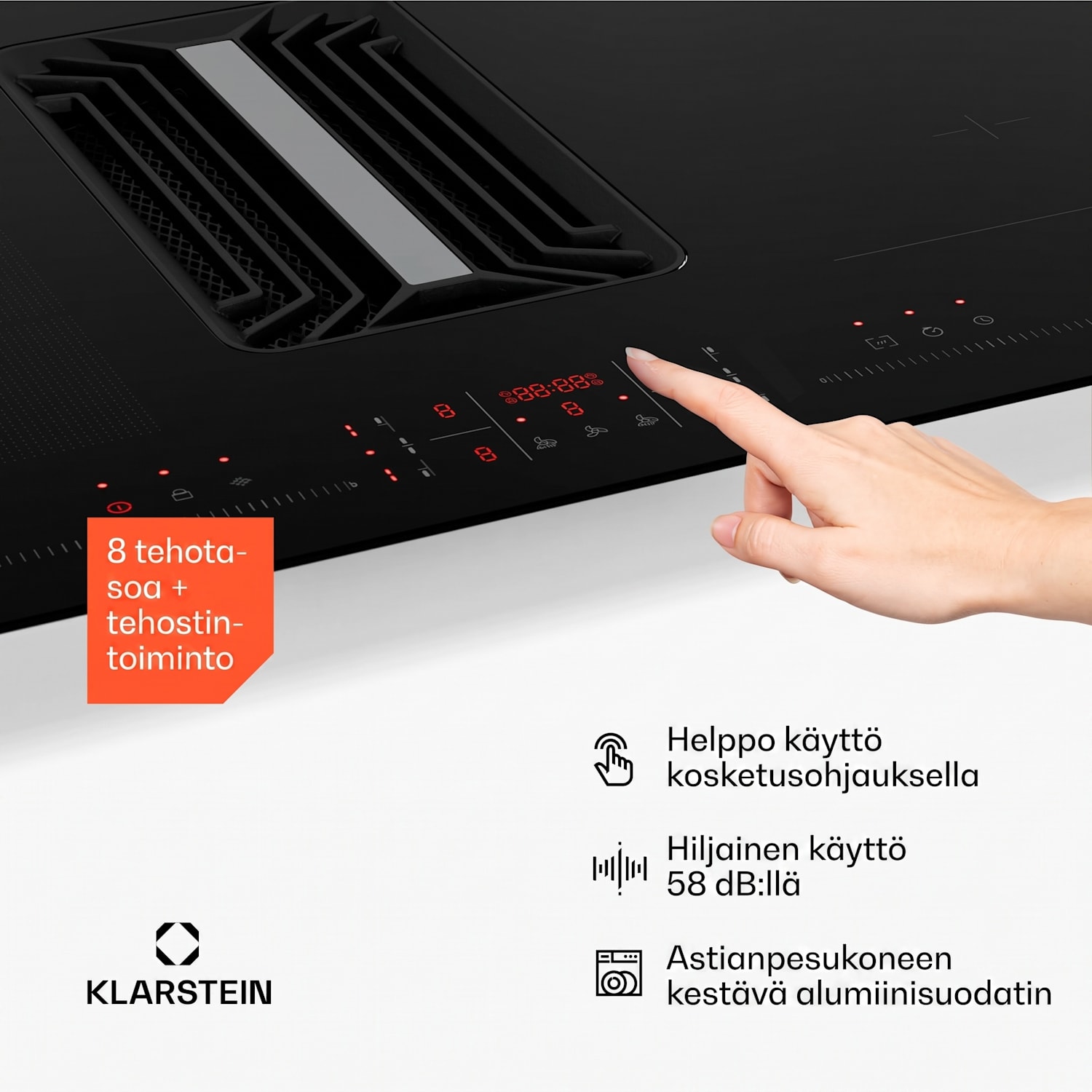 AirJet Hybrid Down Air System | induktioliesitaso integroidulla liesituulettimella | 745 m³/h | energialuokka A++ 90 cm | AirJetHybrid | Musta