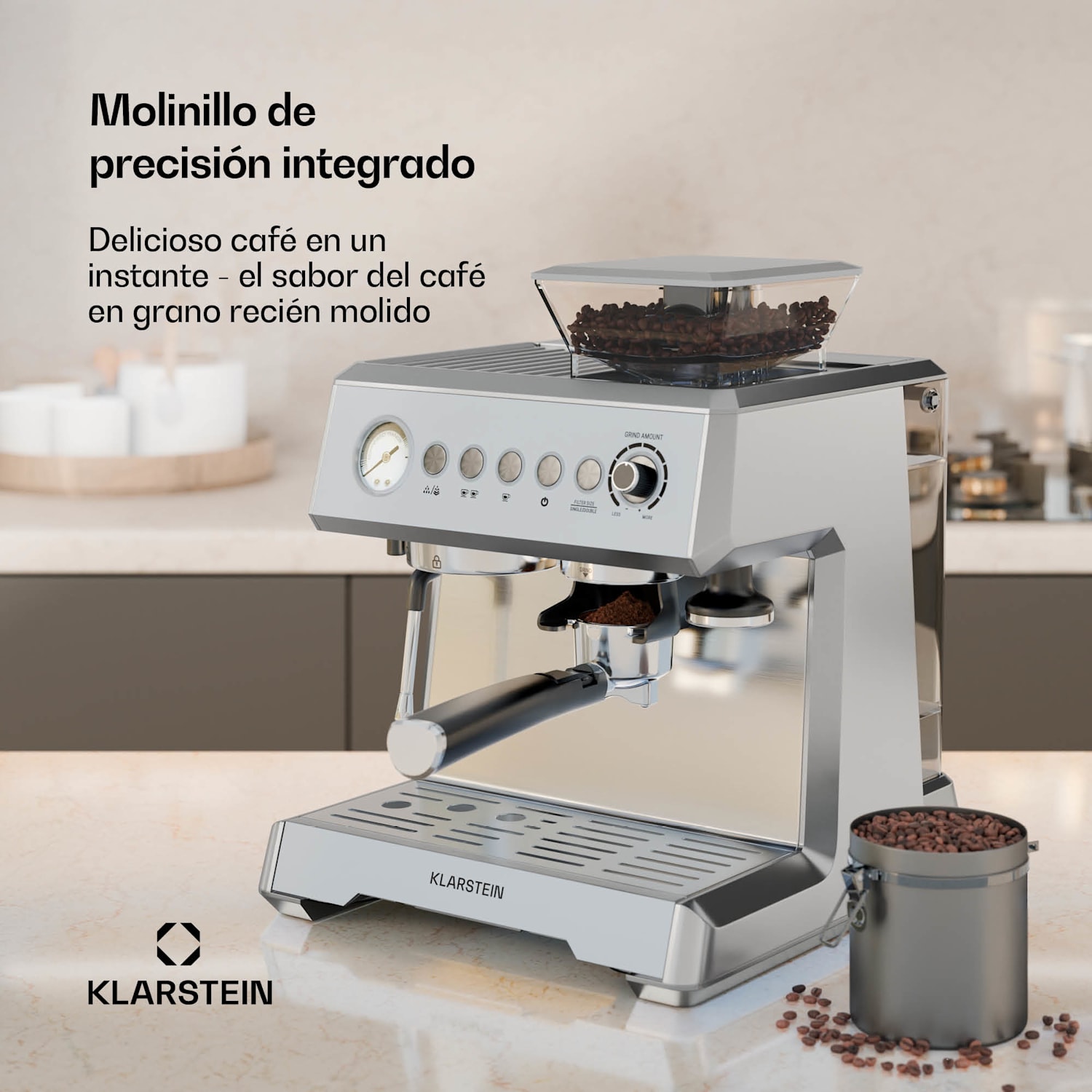 Máquina de espresso GrandPresso | molinillo de precisión | boquilla de vapor | portafiltro | indicador de presión | 20 bar GrandPresso | Acero Inoxidable