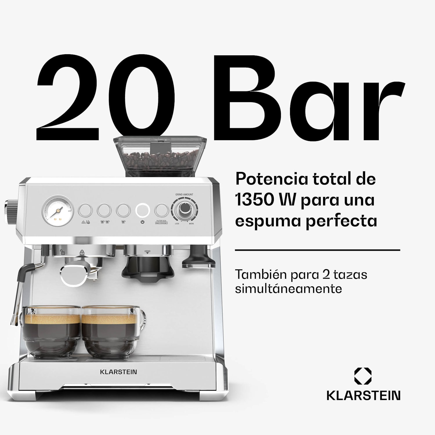 Máquina de espresso GrandPresso | molinillo de precisión | boquilla de vapor | portafiltro | indicador de presión | 20 bar GrandPresso | Acero Inoxidable