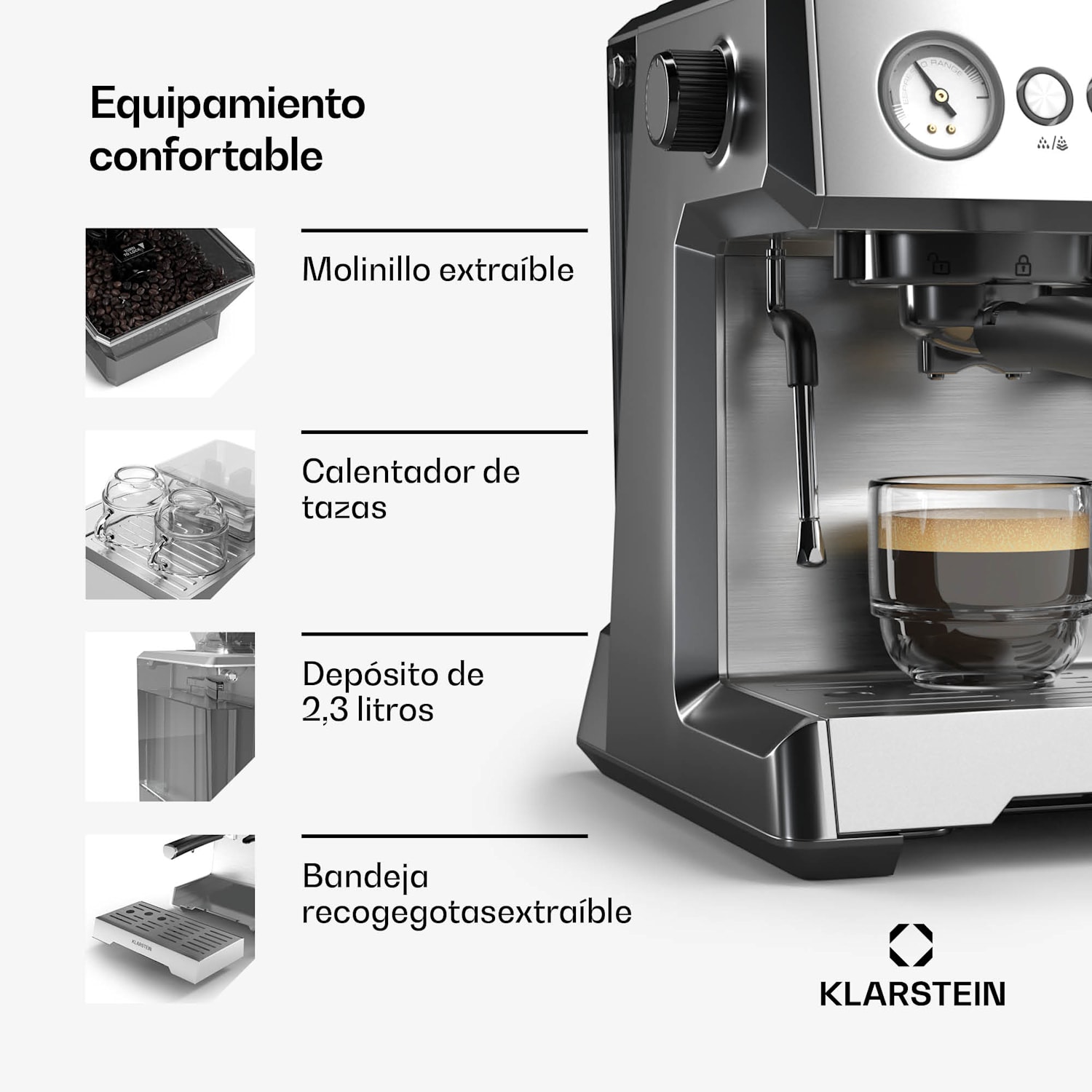 Máquina de espresso GrandPresso | molinillo de precisión | boquilla de vapor | portafiltro | indicador de presión | 20 bar GrandPresso | Acero Inoxidable