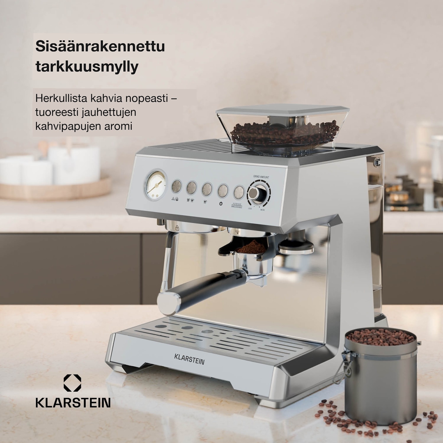 GrandPresso espressokeitin | tarkkuusmylly | höyrysuutin | suodatinkahva | paineen näyttö | 20 bar GrandPresso | Ruostumaton Teräs