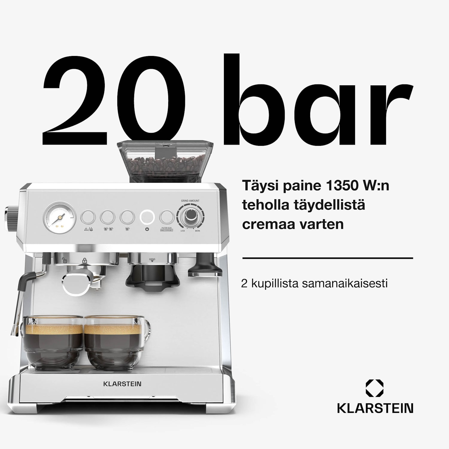 GrandPresso espressokeitin | tarkkuusmylly | höyrysuutin | suodatinkahva | paineen näyttö | 20 bar GrandPresso | Ruostumaton Teräs