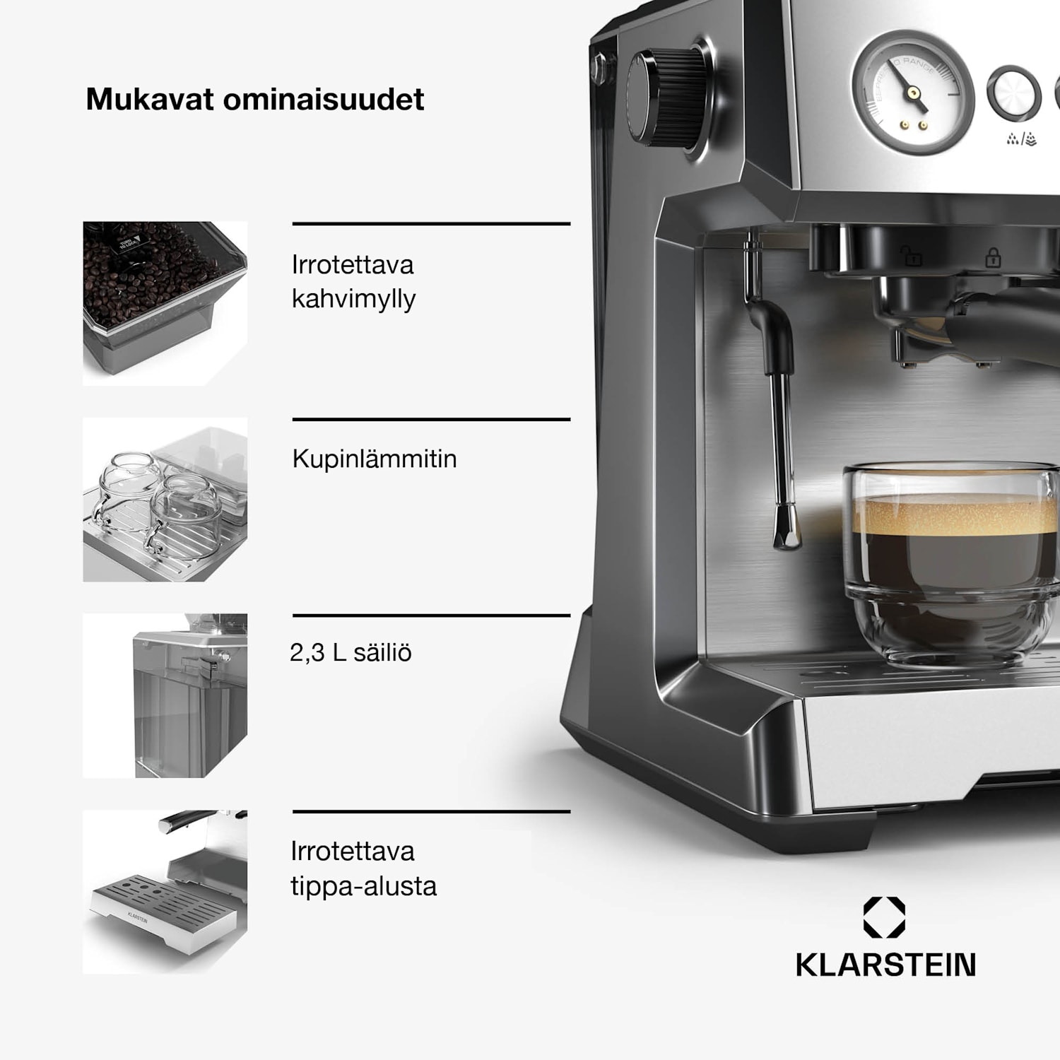 GrandPresso espressokeitin | tarkkuusmylly | höyrysuutin | suodatinkahva | paineen näyttö | 20 bar GrandPresso | Ruostumaton Teräs