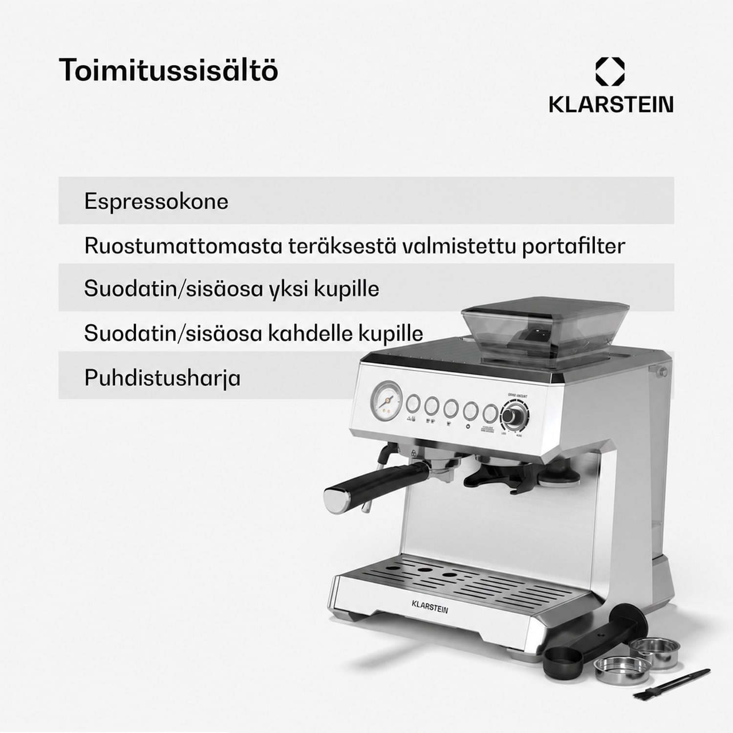 GrandPresso espressokeitin | tarkkuusmylly | höyrysuutin | suodatinkahva | paineen näyttö | 20 bar GrandPresso | Ruostumaton Teräs