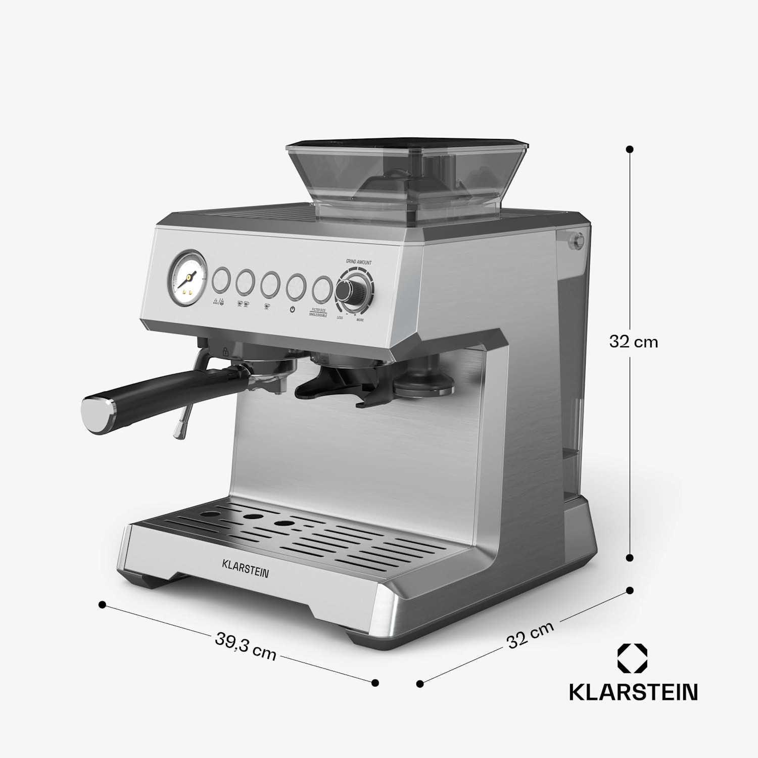 GrandPresso espressokeitin | tarkkuusmylly | höyrysuutin | suodatinkahva | paineen näyttö | 20 bar GrandPresso | Ruostumaton Teräs