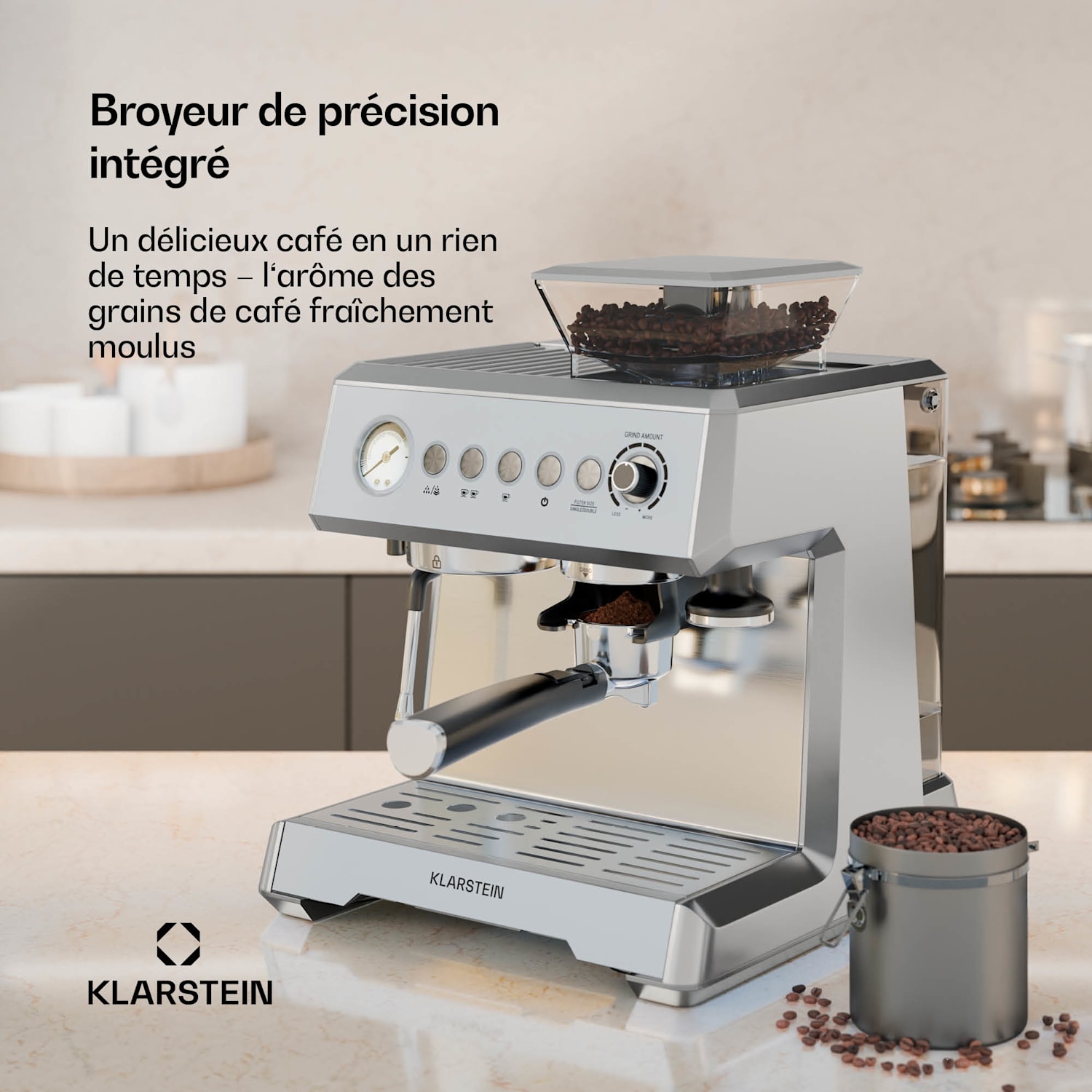 GrandPresso machine à expresso | broyeur de précision | buse vapeur | porte-filtre| affichage de la pression | 20 bars 