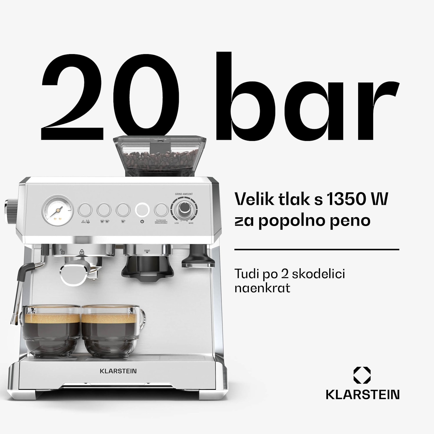 GrandPresso Kavni avtomat, natančni mlinček, parna šoba, portafilter, indikator tlaka, 20 barov GrandPresso | Nerjaveče jeklo