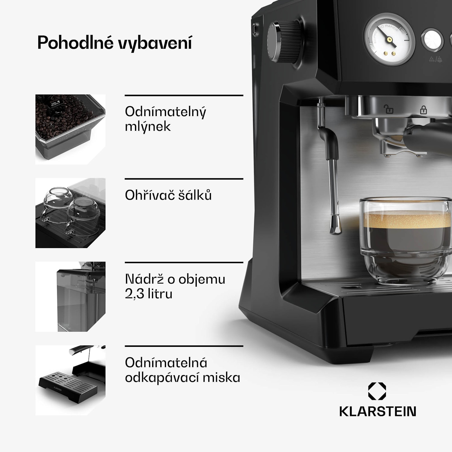 GrandPresso pákový kávovar, precizní mlýnek, parní tryska, portafiltr, indikátor tlaku, 20 bar GrandPresso | Černá