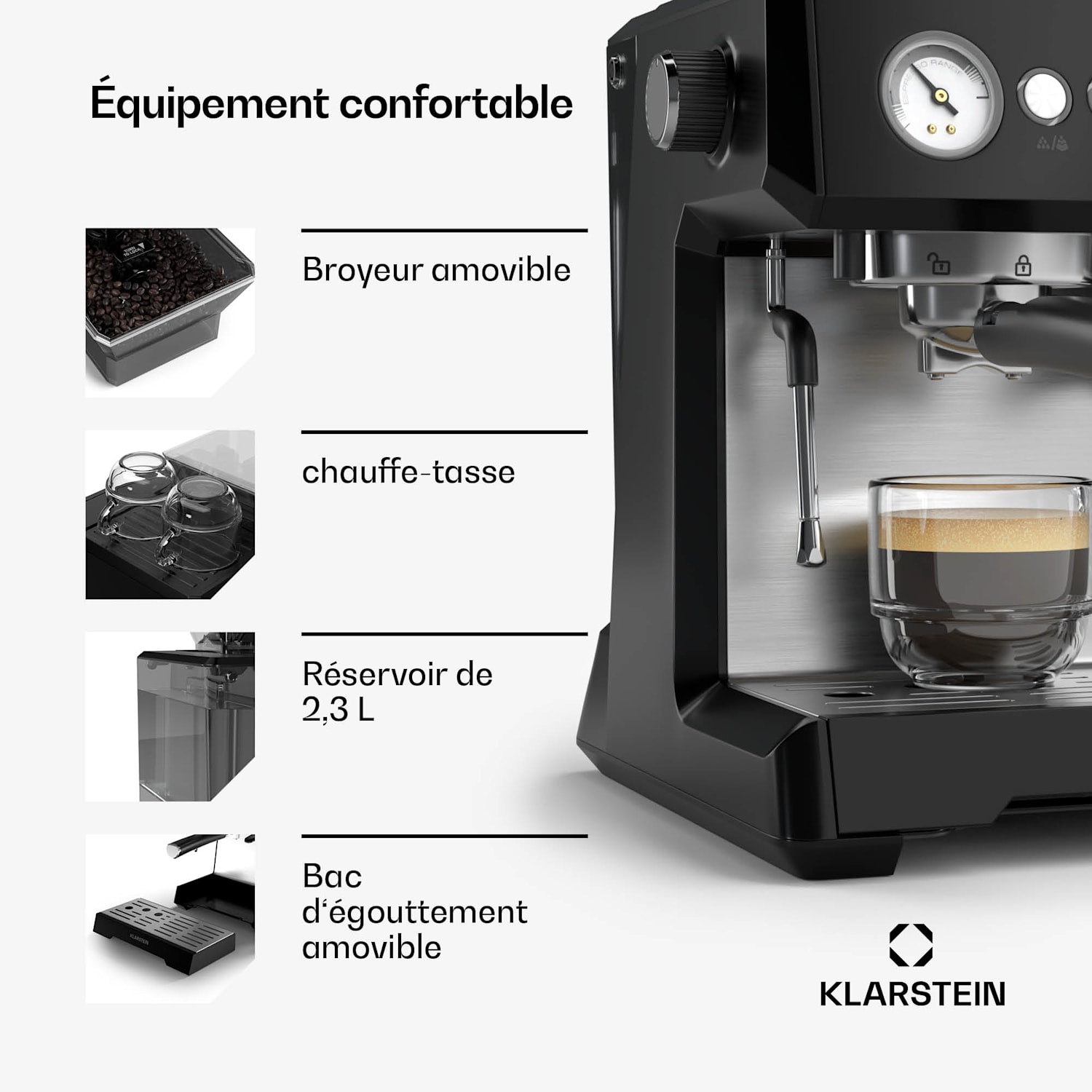 GrandPresso machine à expresso | broyeur de précision | buse vapeur | porte-filtre| affichage de la pression | 20 bars GrandPresso | Noir