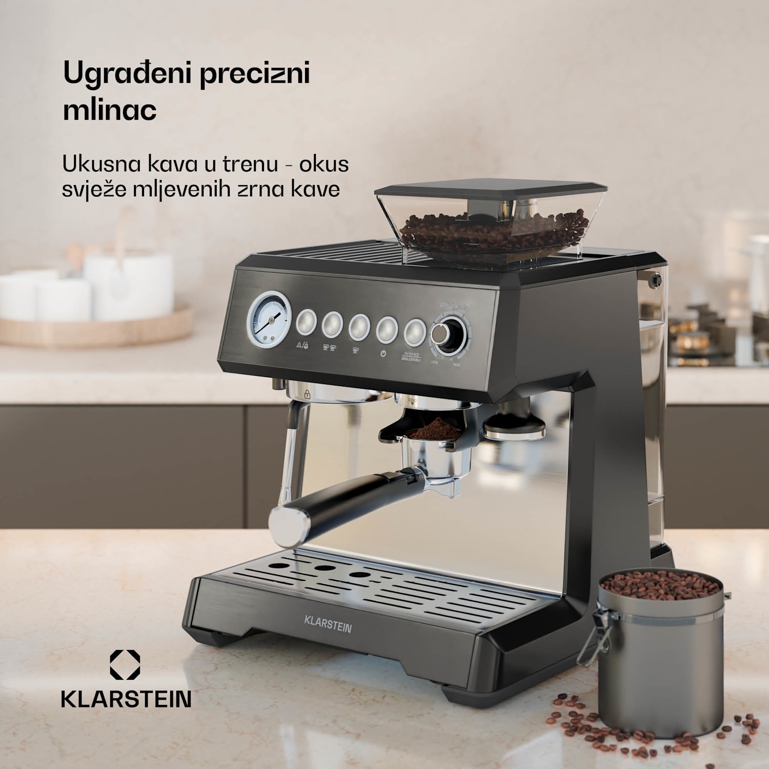 GrandPresso aparat za kavu s polugom, precizni mlinac, mlaznica za paru, portafilter, indikator tlaka, 20 bara GrandPresso | Crna