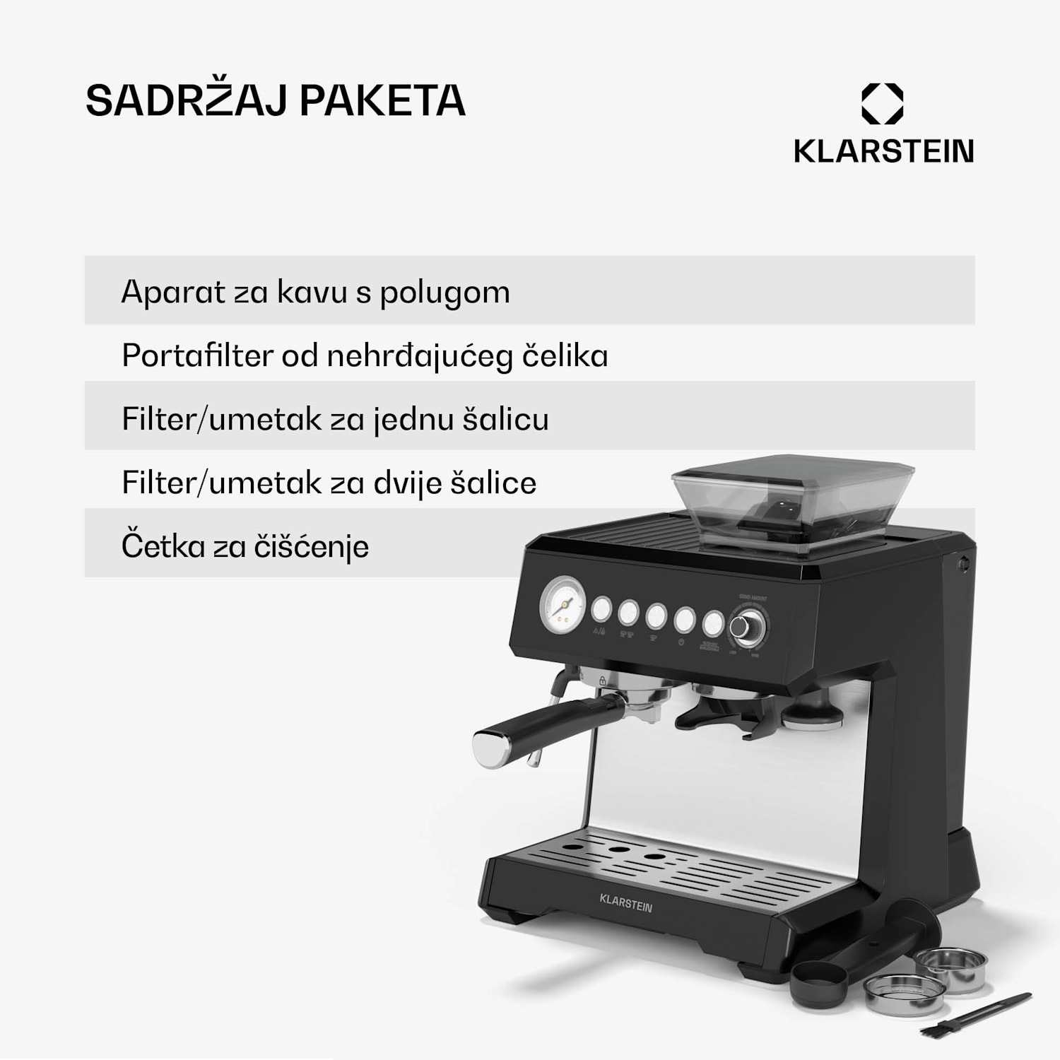 GrandPresso aparat za kavu s polugom, precizni mlinac, mlaznica za paru, portafilter, indikator tlaka, 20 bara GrandPresso | Crna