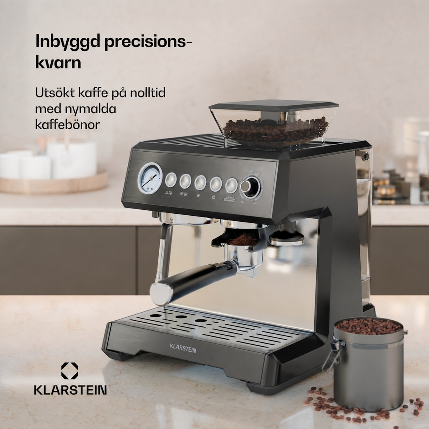 GrandPresso espressomaskin | precisionskvarn | portafilter | tryckdisplay | 20 bar GrandPresso | Svart