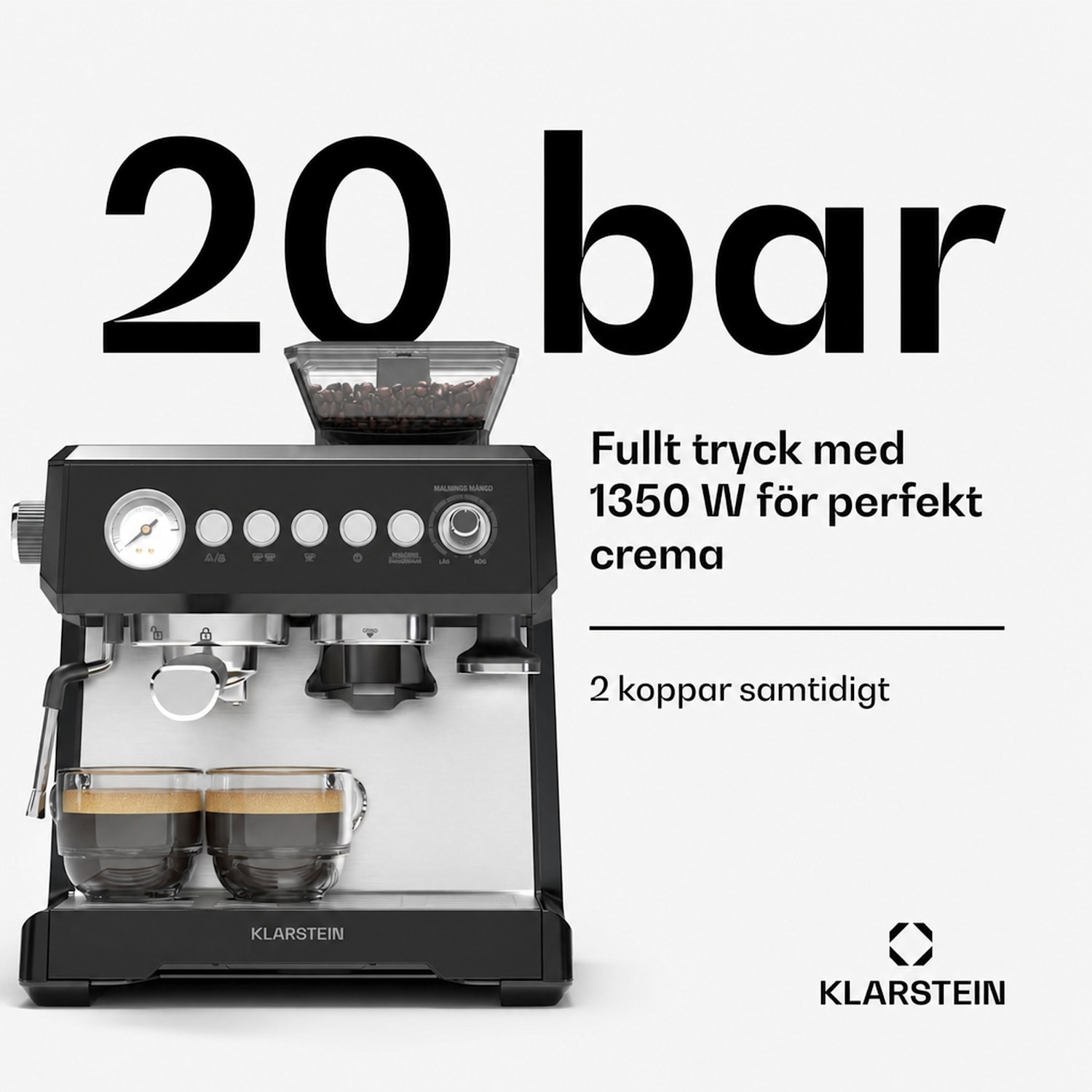 GrandPresso espressomaskin | precisionskvarn | portafilter | tryckdisplay | 20 bar GrandPresso | Svart