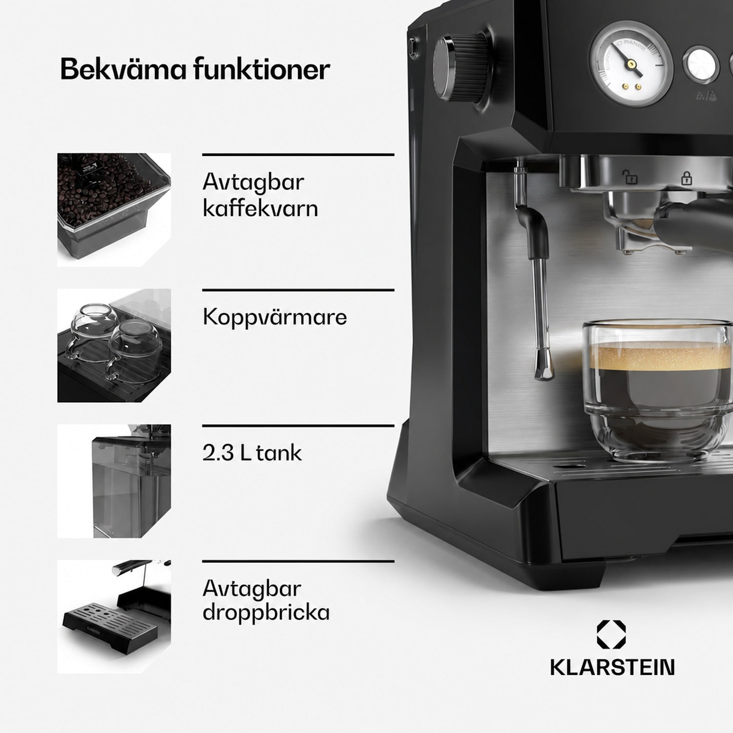 GrandPresso espressomaskin | precisionskvarn | portafilter | tryckdisplay | 20 bar GrandPresso | Svart