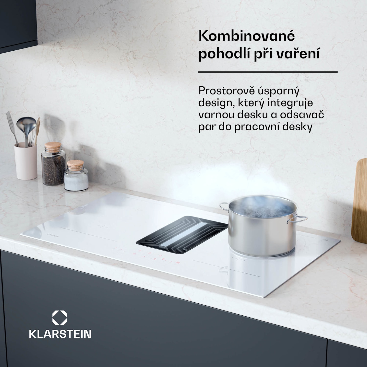 Přímo uprostřed: Luxusní indukční varná deska s DownAir digestoří s průtokem odsávání vzduchu až 750 m³/h 90 cm | AirJet | Bílá