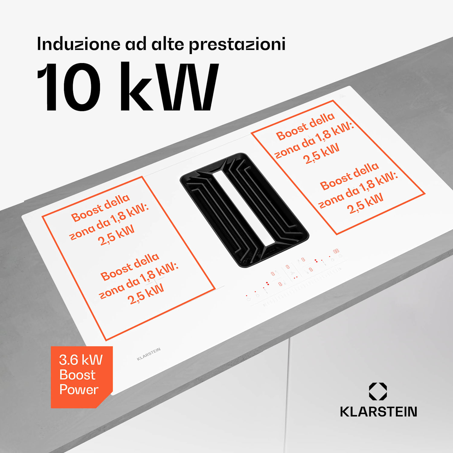 AirJet 90 Down Air System | Piano cottura a induzione con cappa aspirante | 10000 W | 750 m³/h | Boost 90 cm | AirJet | Bianco