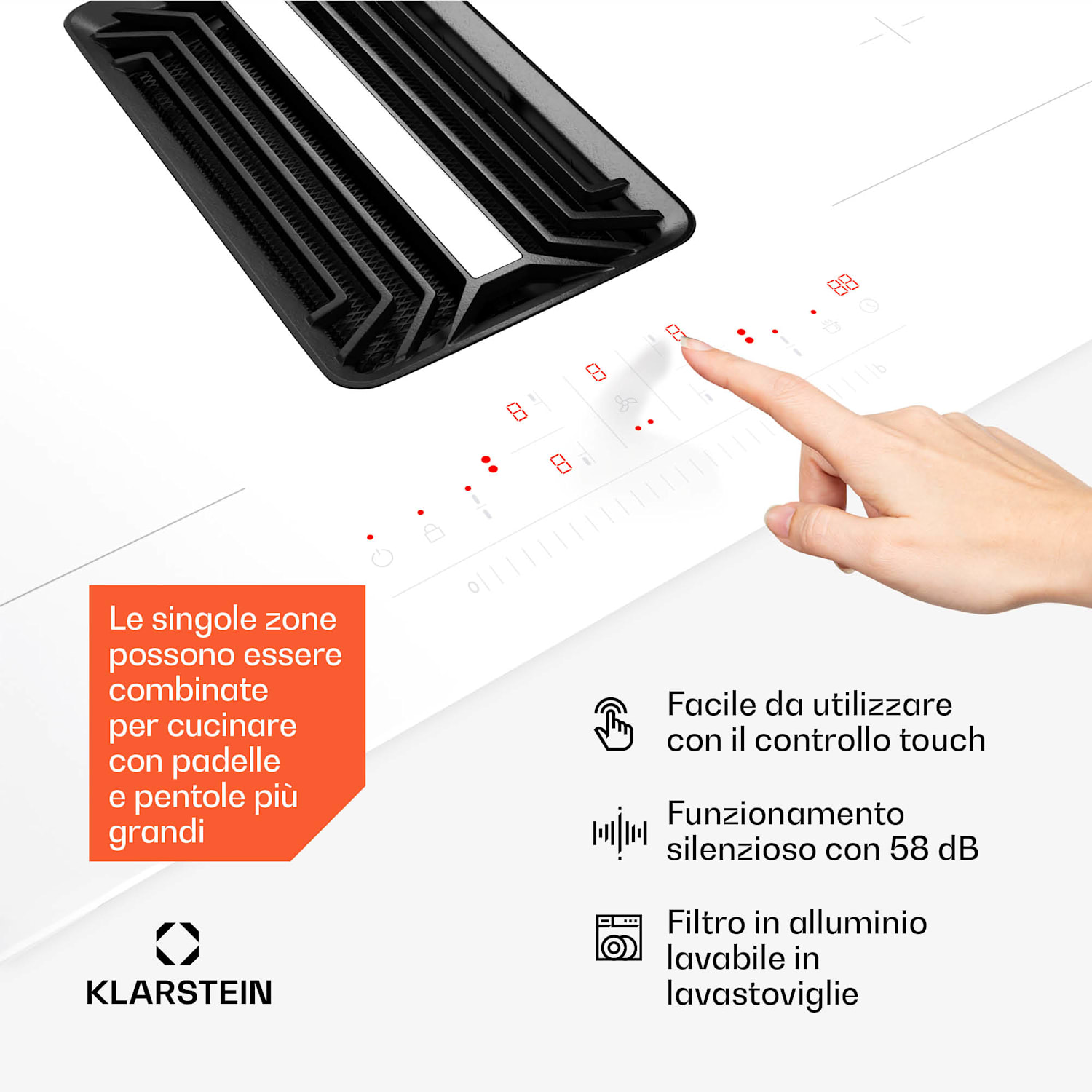 AirJet 90 Down Air System | Piano cottura a induzione con cappa aspirante | 10000 W | 750 m³/h | Boost 90 cm | AirJet | Bianco