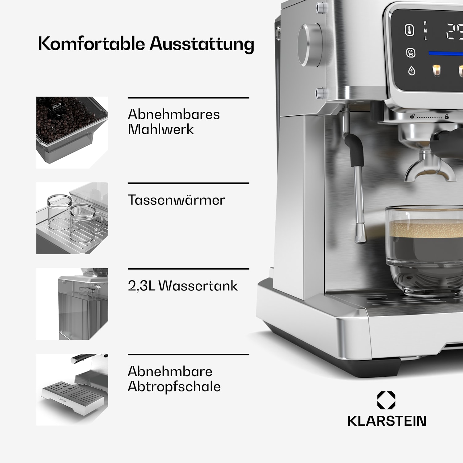 GrandPresso Touch Espressomaschine | 20 bar | integriertes Mahlwerk | Druckanzeige | Milchschaum 