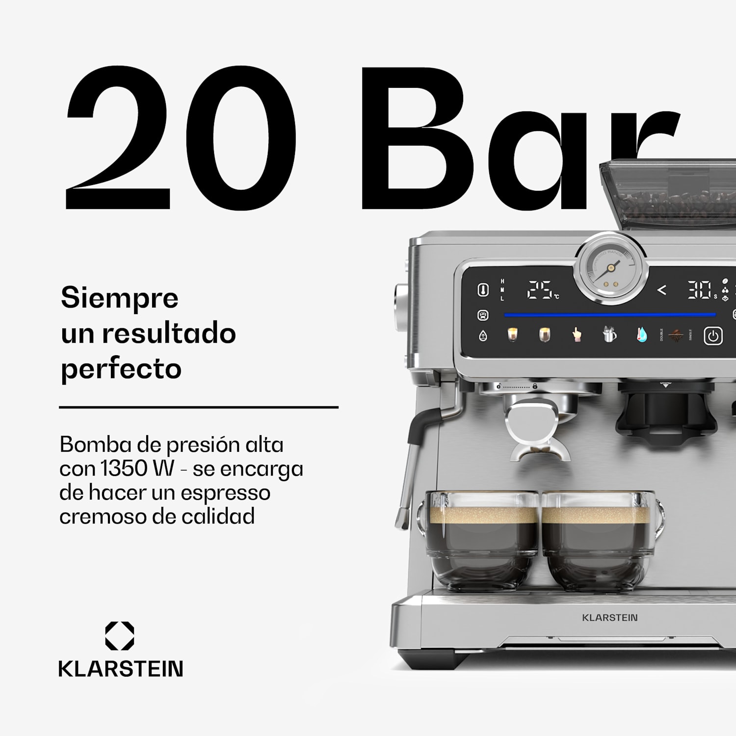 GrandPresso Touch Cafetera espresso | 20 bar | Molinillo integrado | Indicador de presión | Espumador de leche 