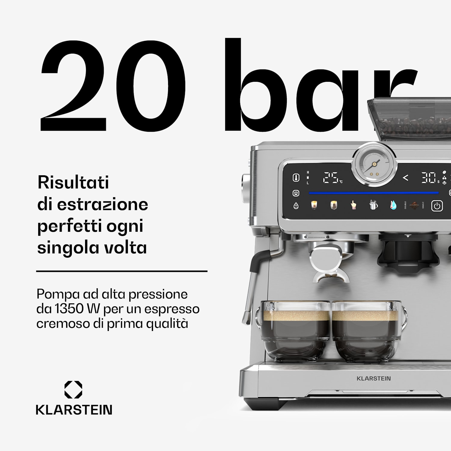 Macchina per caffè espresso GrandPresso Touch | 20 bar | Macinino integrato | Indicatore di pressione | Schiuma di latte GrandPresso Touch | Acciaio inox