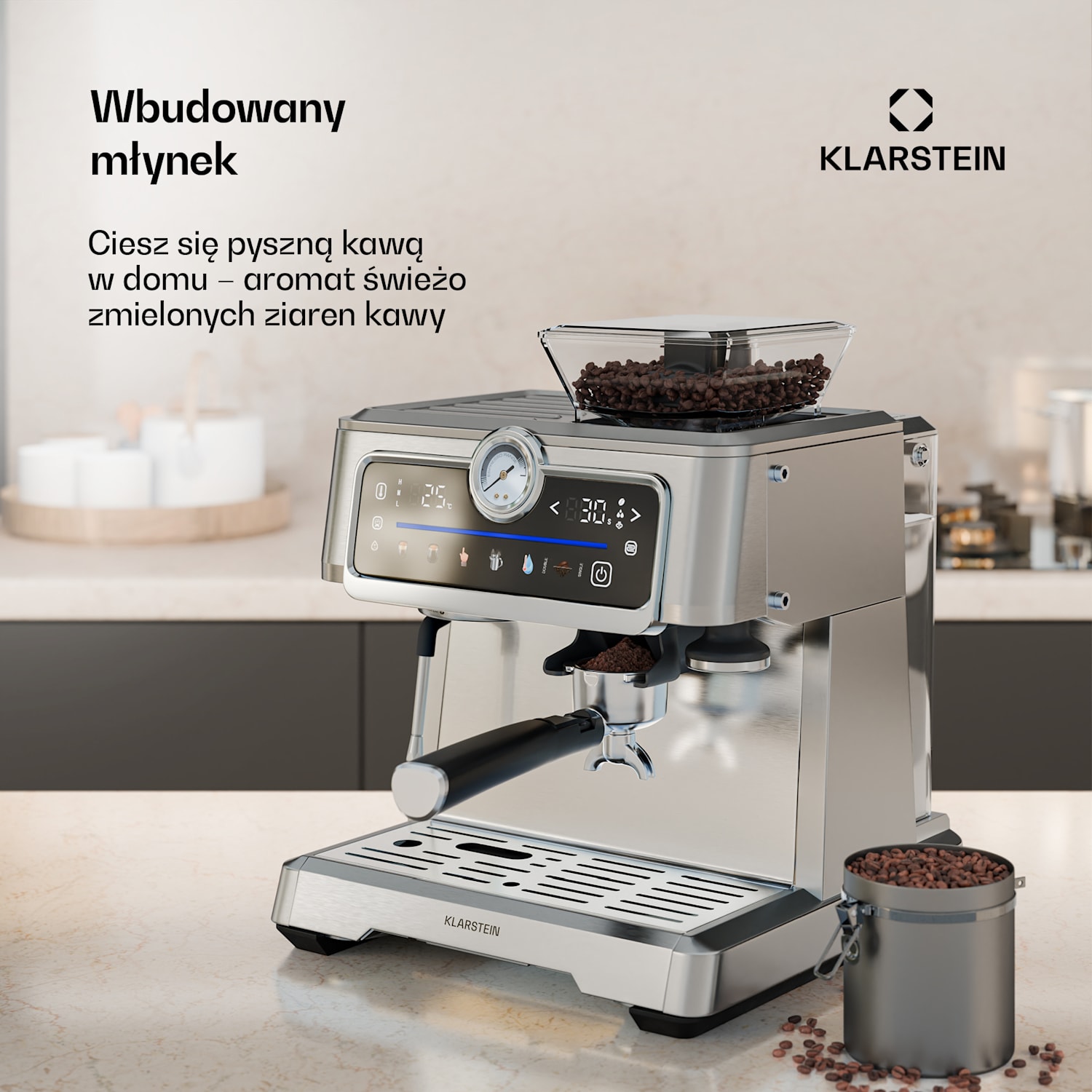 GrandPresso Touch ekspres do kawy, 20 barów, młynek, manometr, spieniacz do mleka GrandPresso Touch | Stal nierdzewna