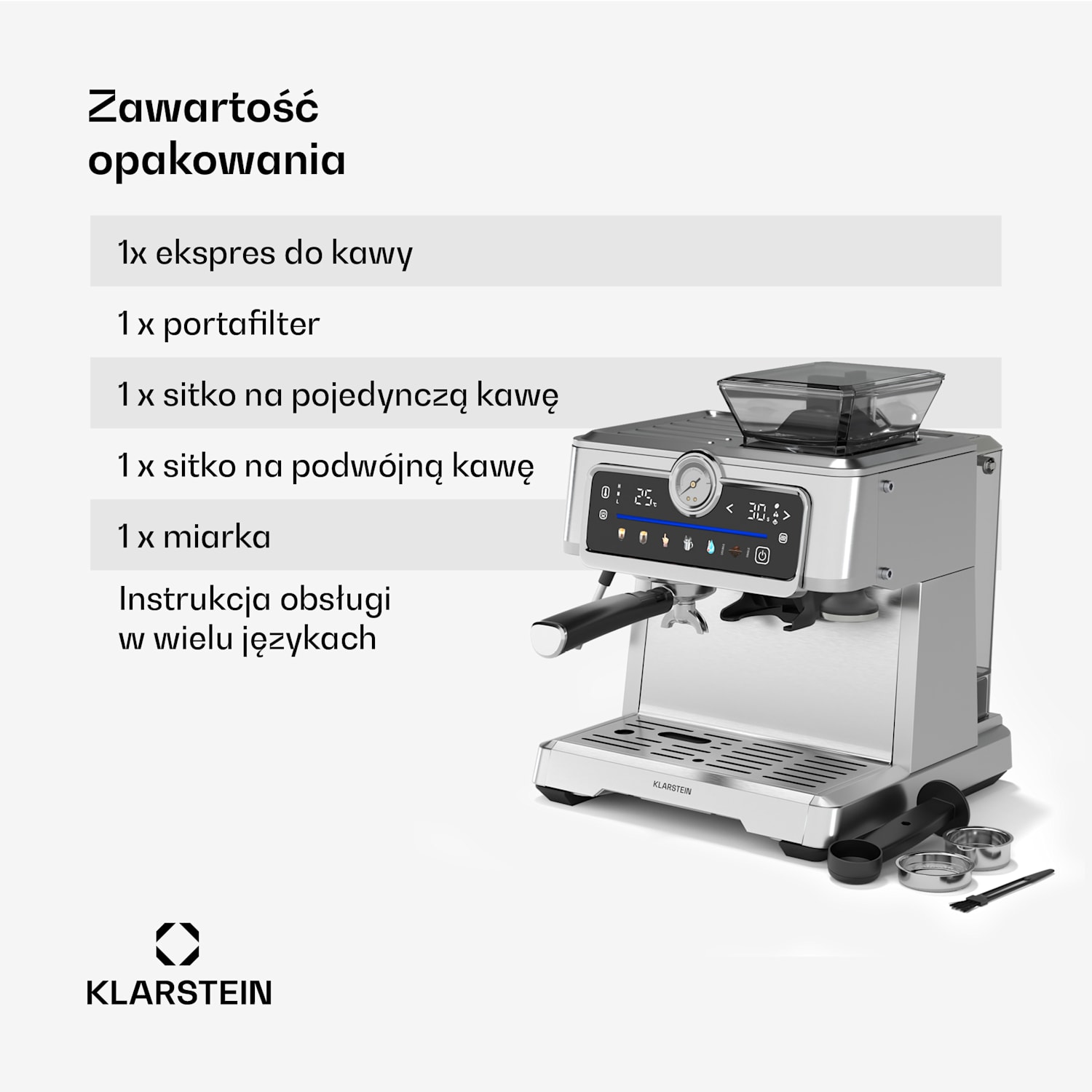 GrandPresso Touch ekspres do kawy, 20 barów, młynek, manometr, spieniacz do mleka GrandPresso Touch | Stal nierdzewna