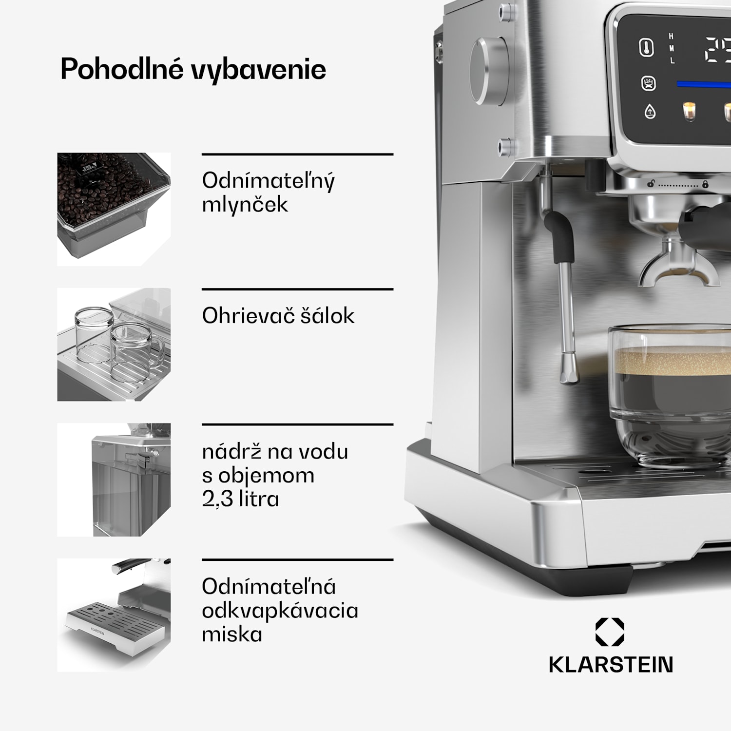 GrandPresso Touch kávovar, 20 barov, integrovaný mlynček, indikátor tlaku, mliečna pena GrandPresso Touch | Nehrdzavejúca oceľ