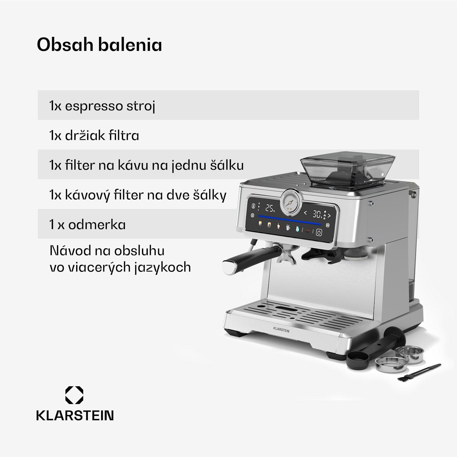 GrandPresso Touch kávovar, 20 barov, integrovaný mlynček, indikátor tlaku, mliečna pena GrandPresso Touch | Nehrdzavejúca oceľ