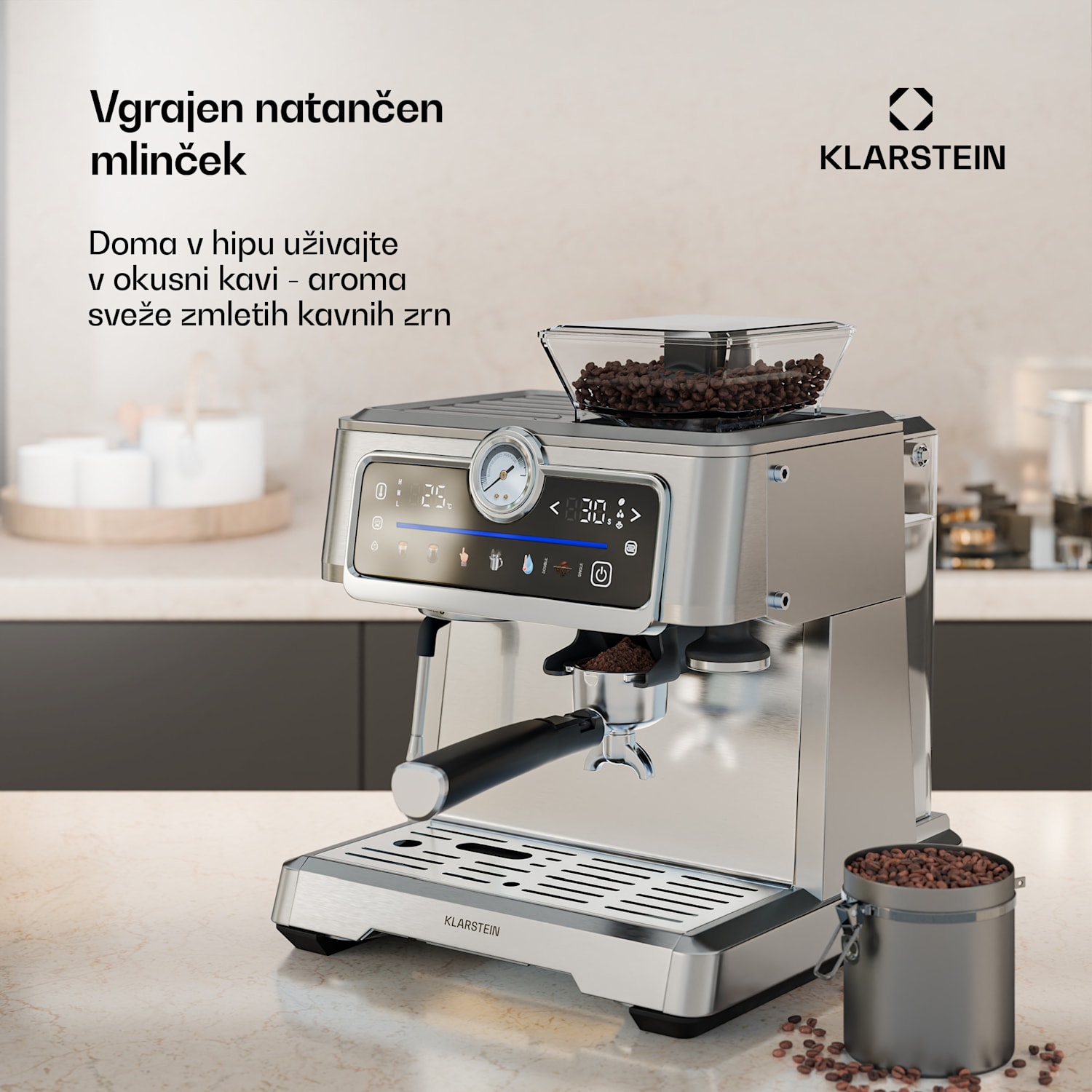 GrandPresso Touch kavni aparat, 20 barov, vgrajen mlinček, indikator tlaka, mlečna pena GrandPresso Touch | Nerjaveče jeklo