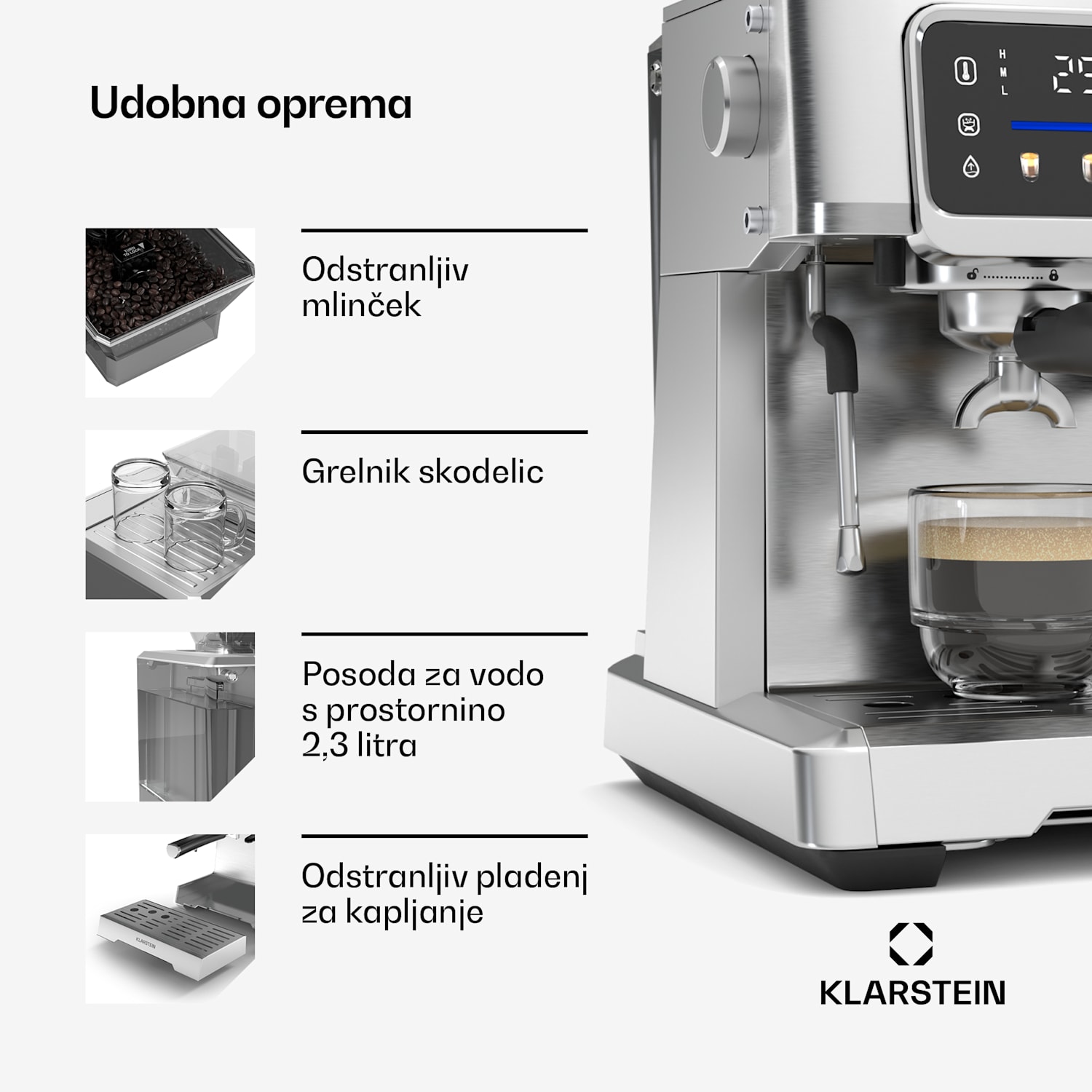 GrandPresso Touch kavni aparat, 20 barov, vgrajen mlinček, indikator tlaka, mlečna pena GrandPresso Touch | Nerjaveče jeklo