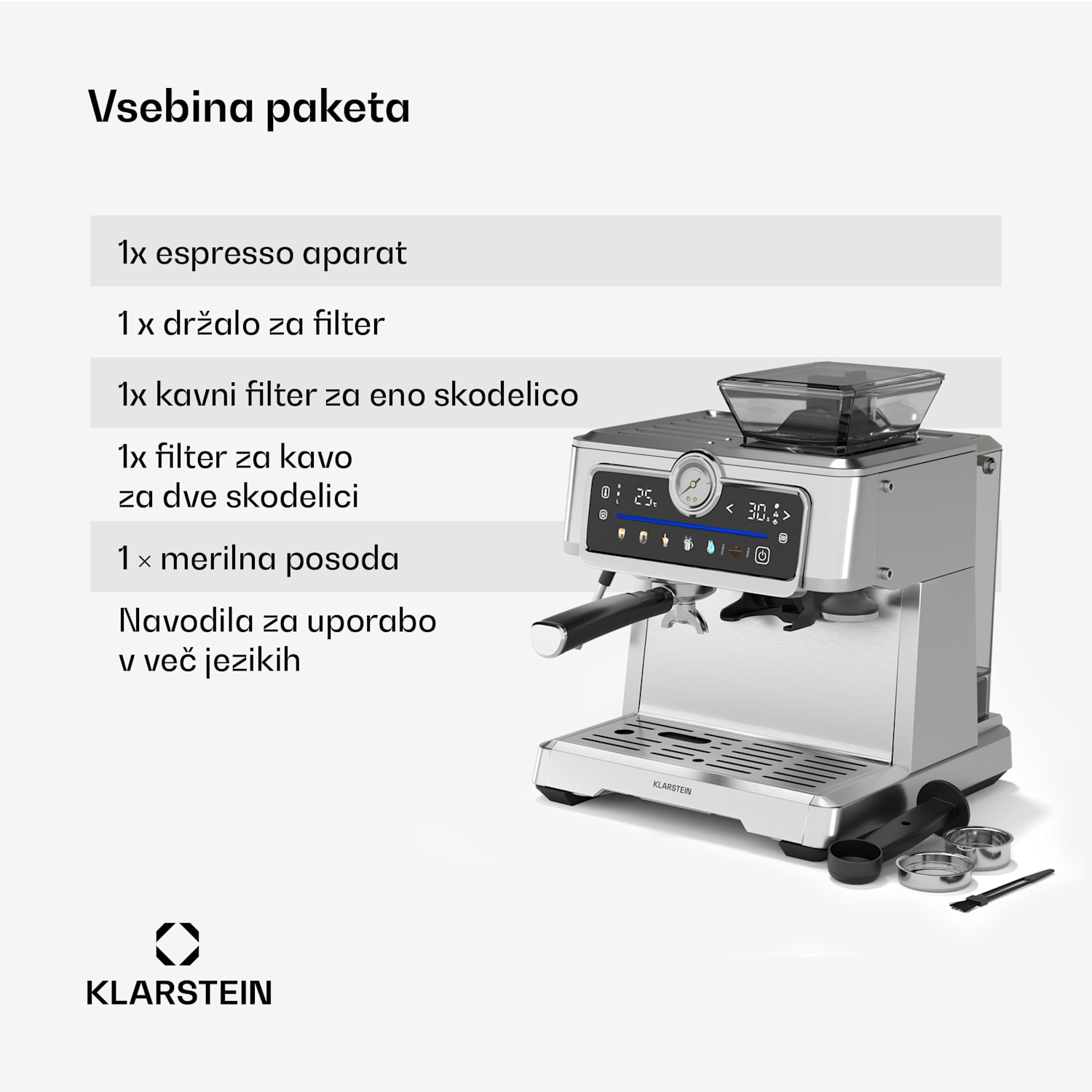 GrandPresso Touch kavni aparat, 20 barov, vgrajen mlinček, indikator tlaka, mlečna pena GrandPresso Touch | Nerjaveče jeklo